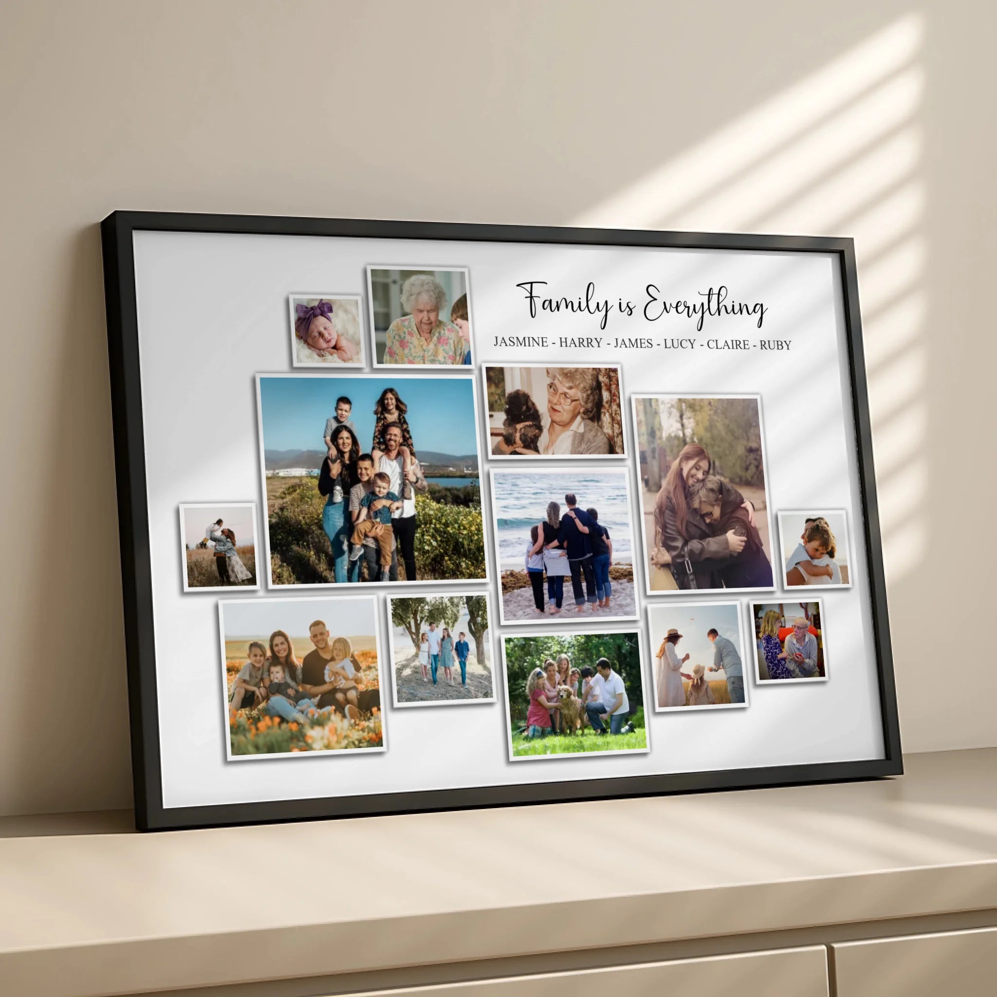 Personalised photo frame gift with six photo slots arranged in a collage layout