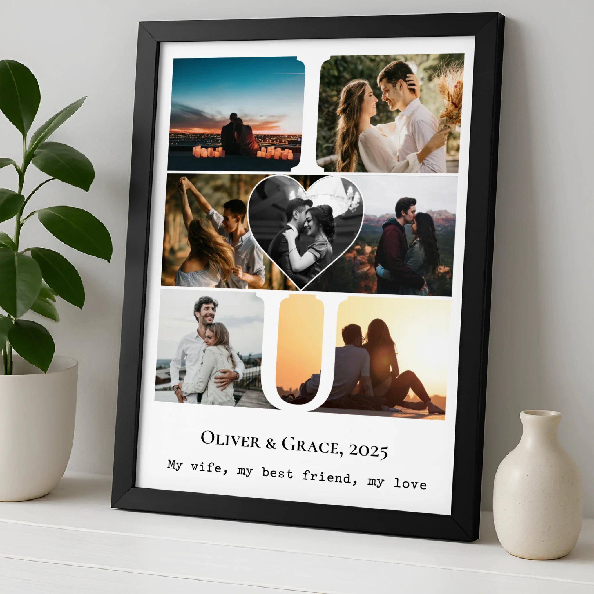 Personalised I LOVE YOU Photo Collage Print – Custom 7 Photo Layout with Heart Centre – A4/A3 Framed Gift