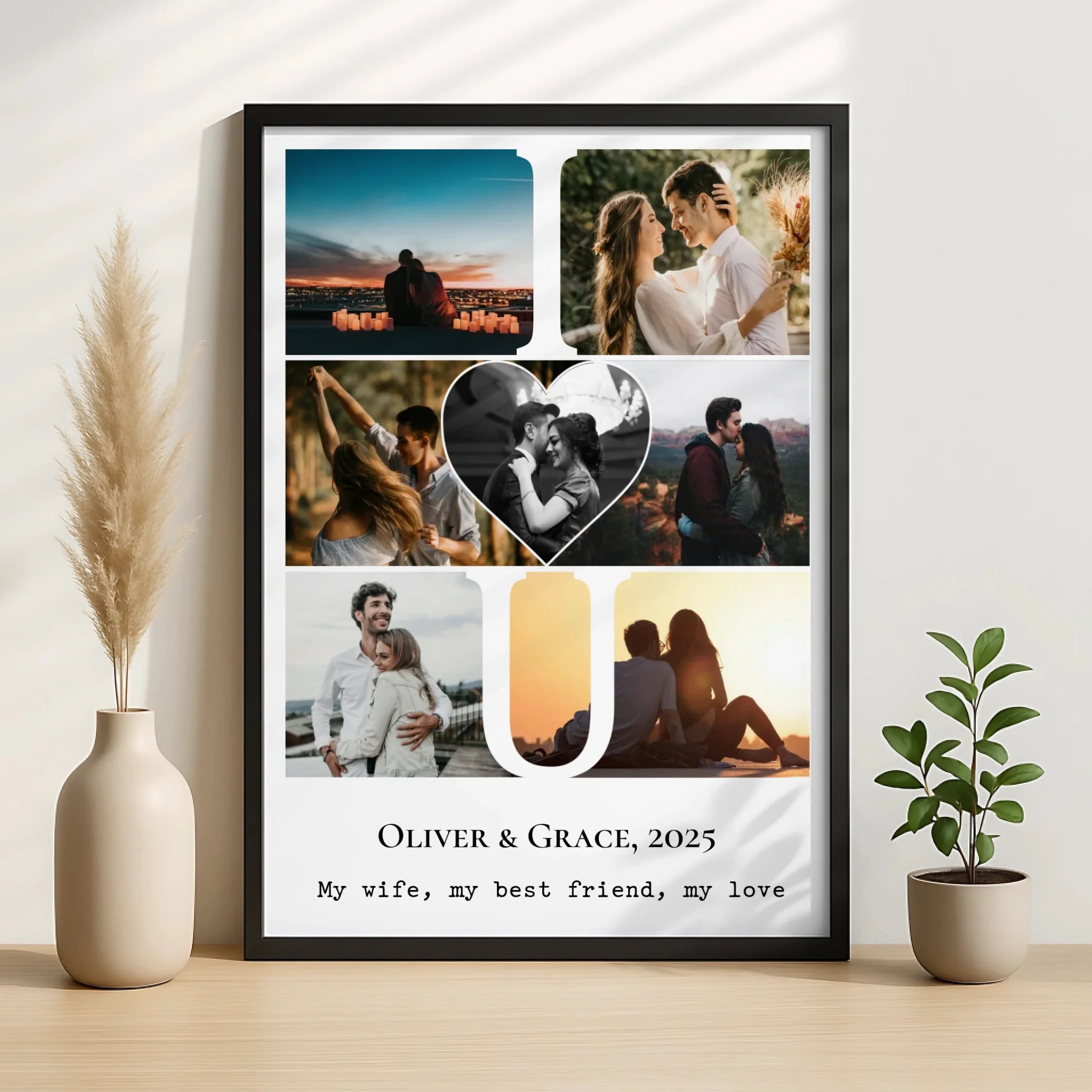 Close-up of the heart centre on a personalised I Love You photo collage print