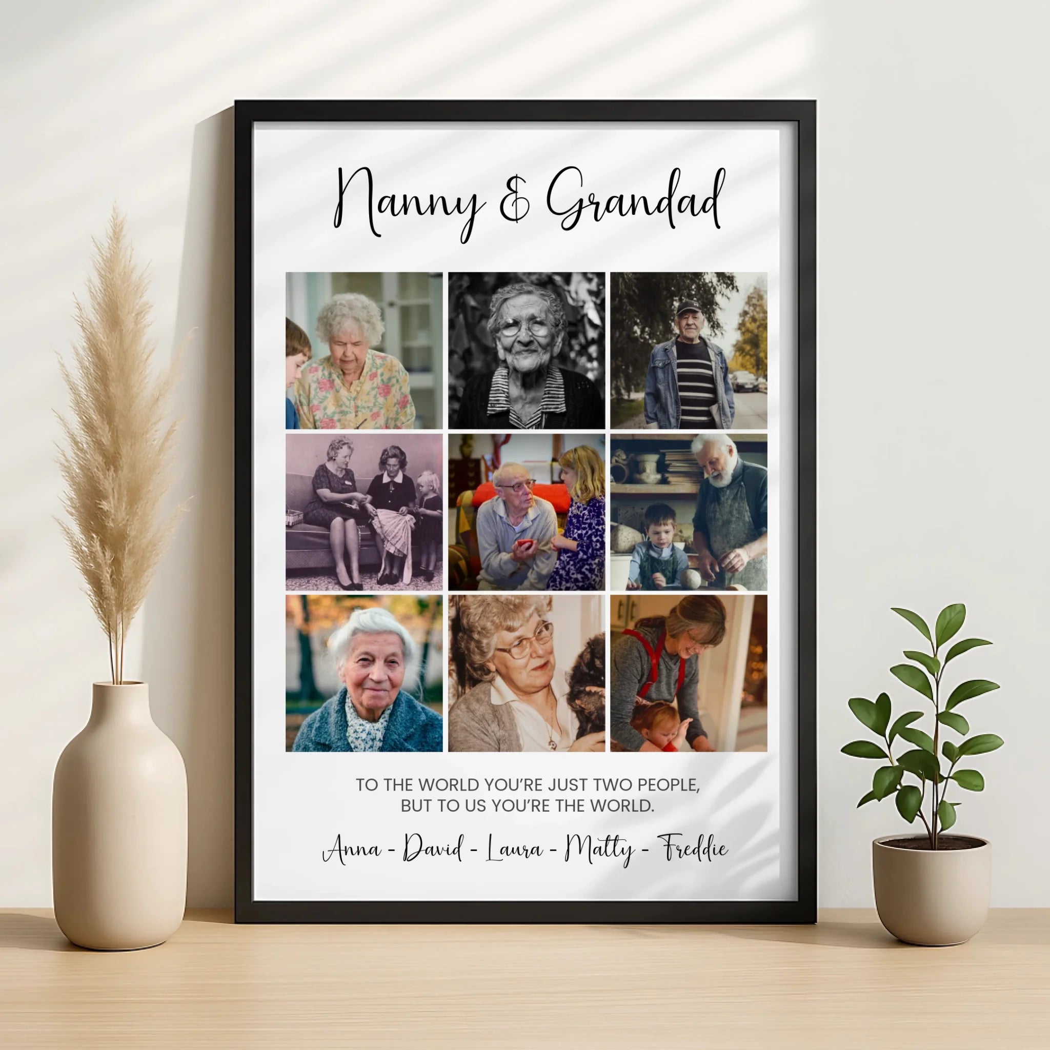Close-up of personalised grandparent frame with five photo collage layout