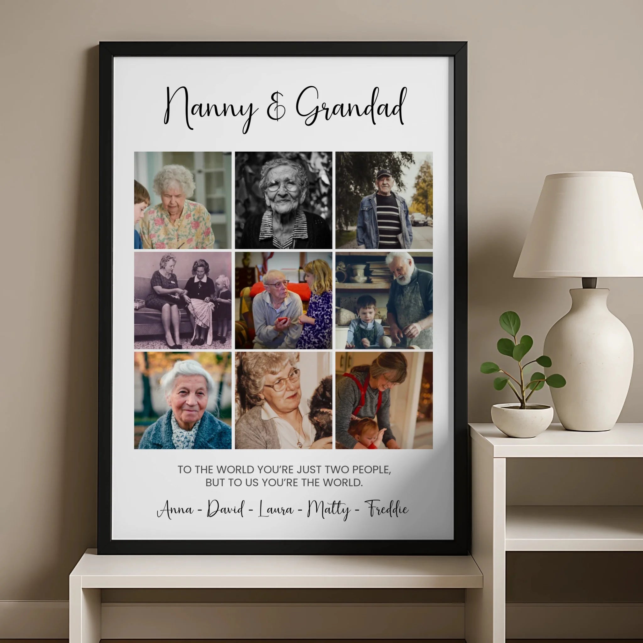Custom family photo frame with seven photos for nanny and grandad