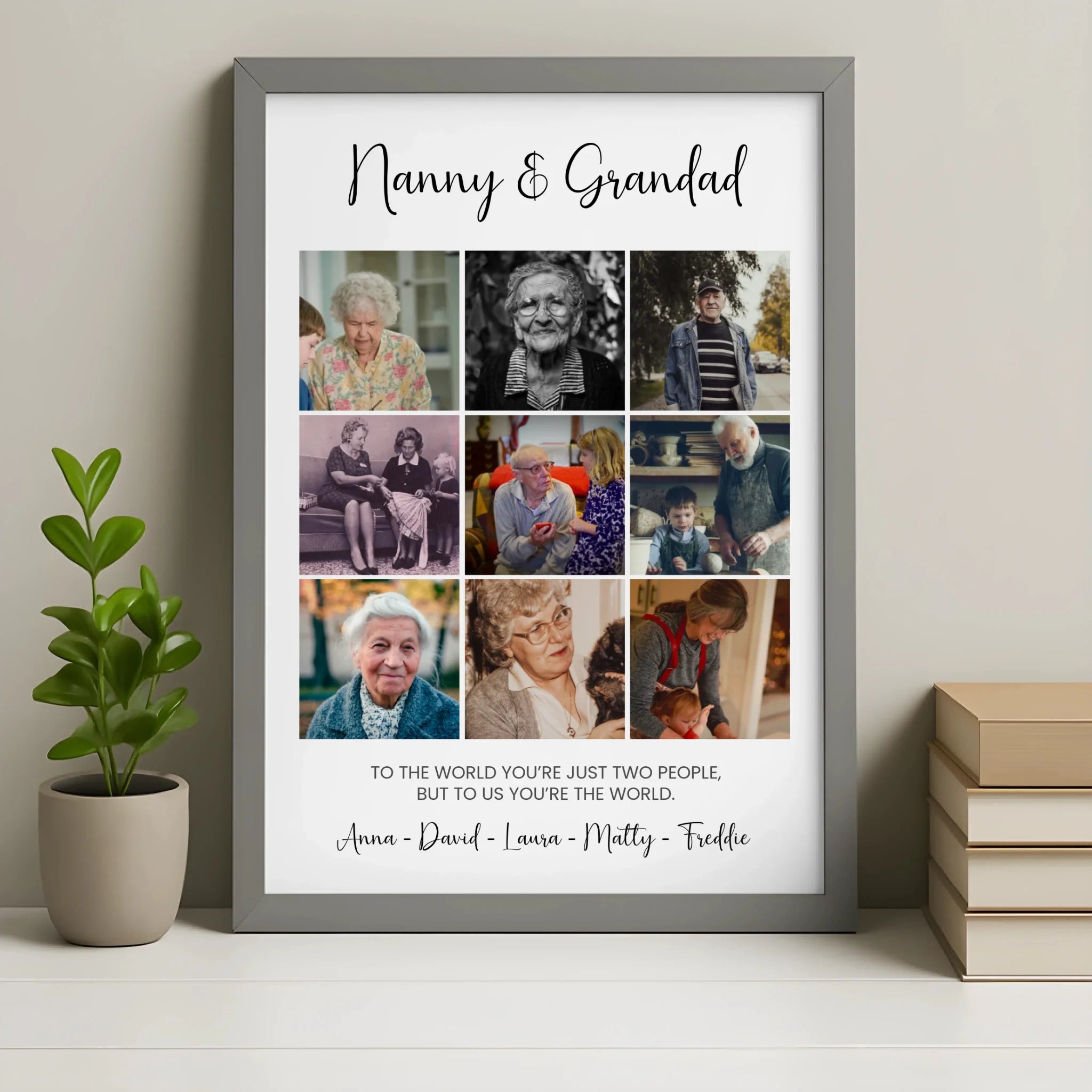 Grey personalised grandparent photo frame with custom family wall print