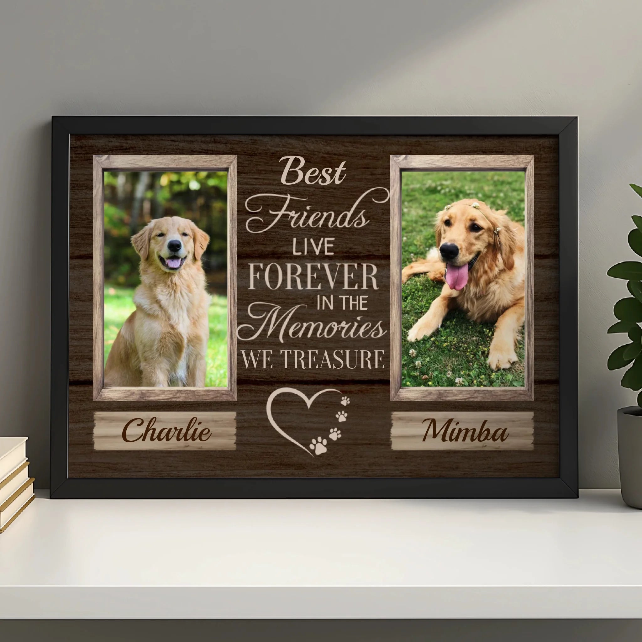 Personalised pet memorial photo frame for two pets with custom names and photos