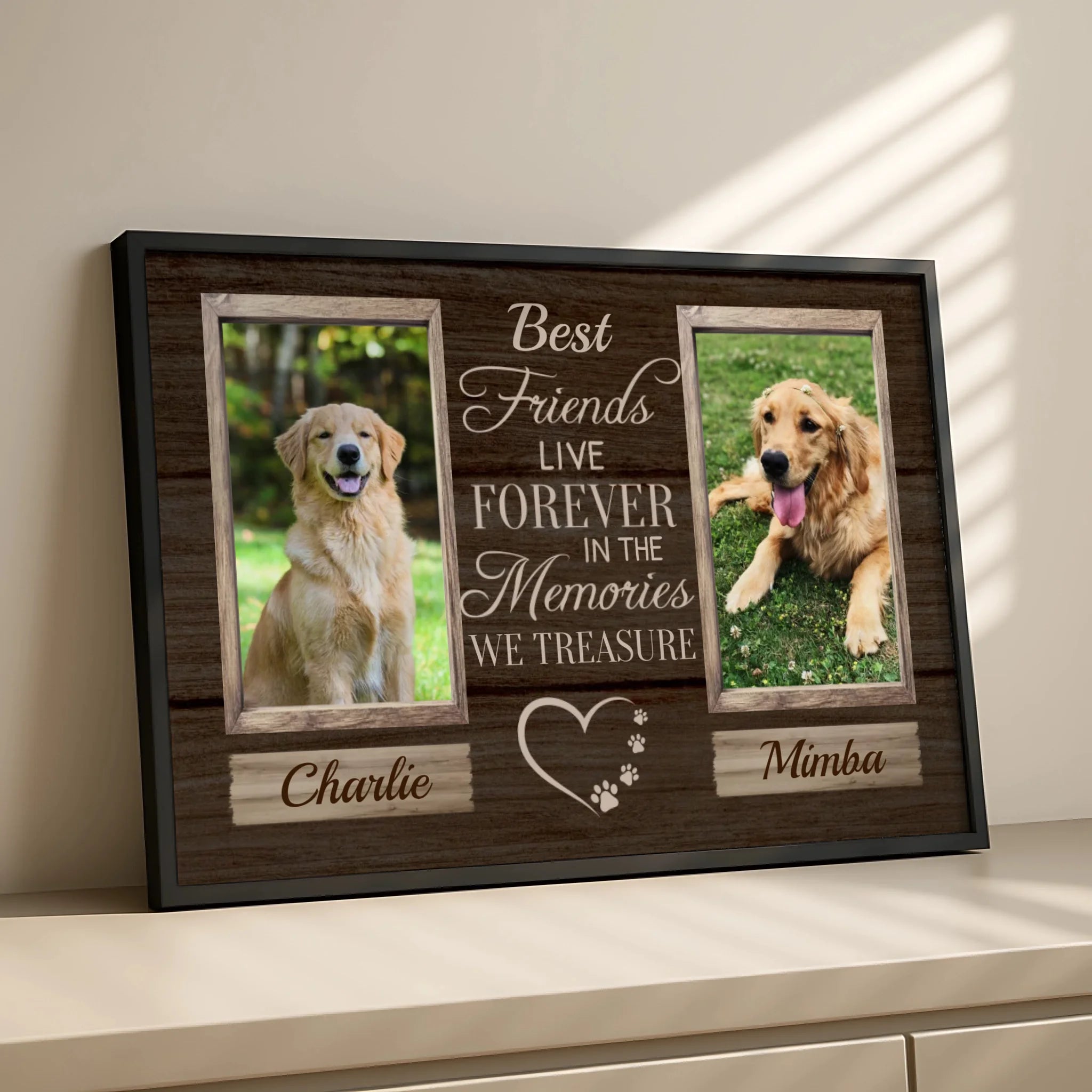 Pet remembrance photo frame for two dogs with printed tribute text