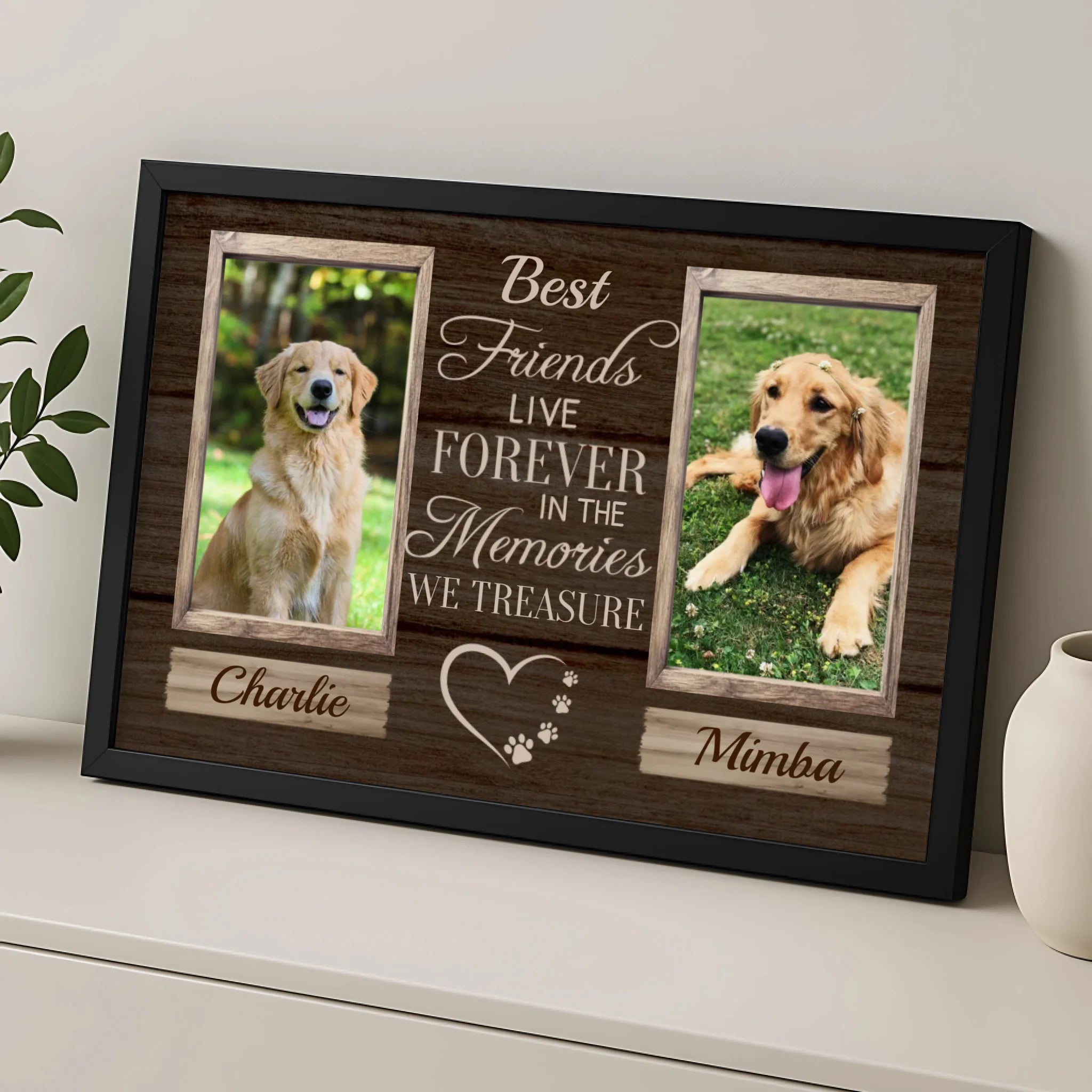 Close-up of personalised pet memorial frame with custom photo spaces