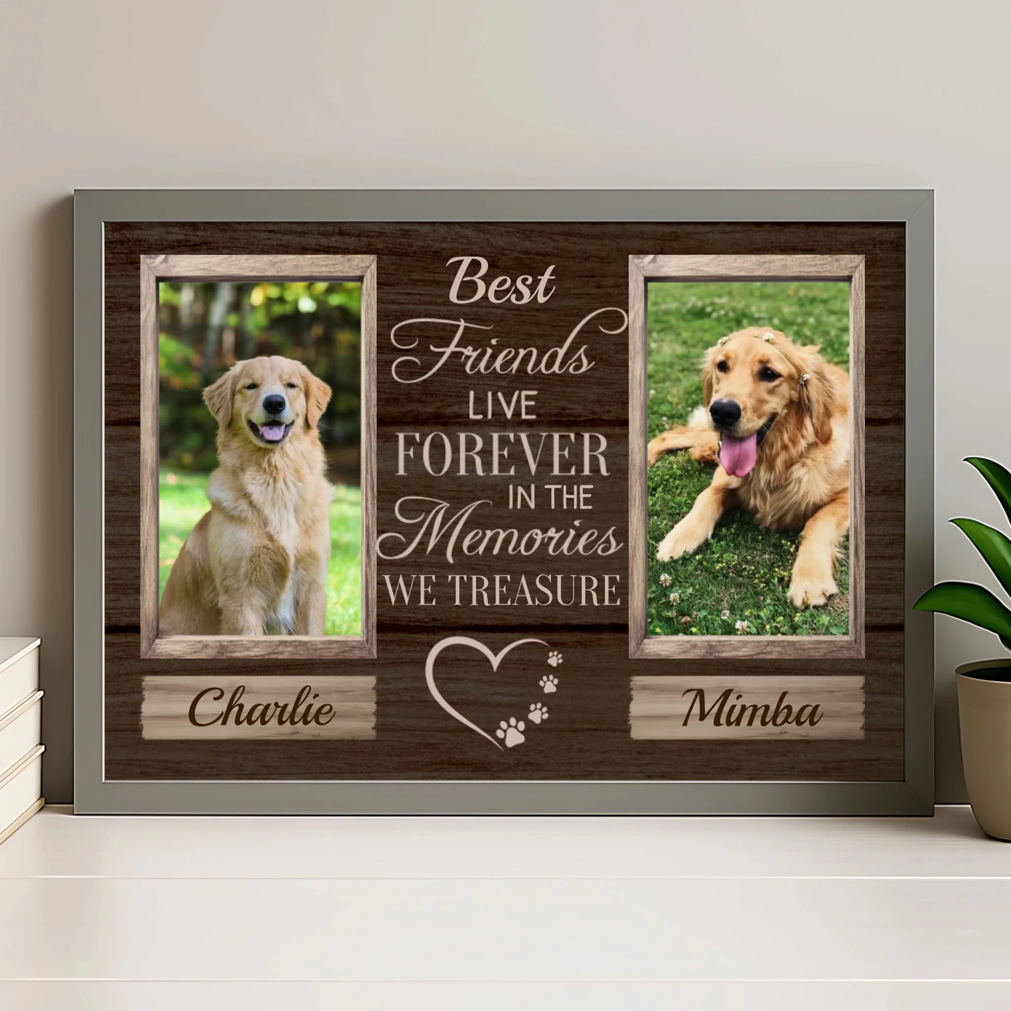 Grey frame option for personalised two-pet memorial photo print