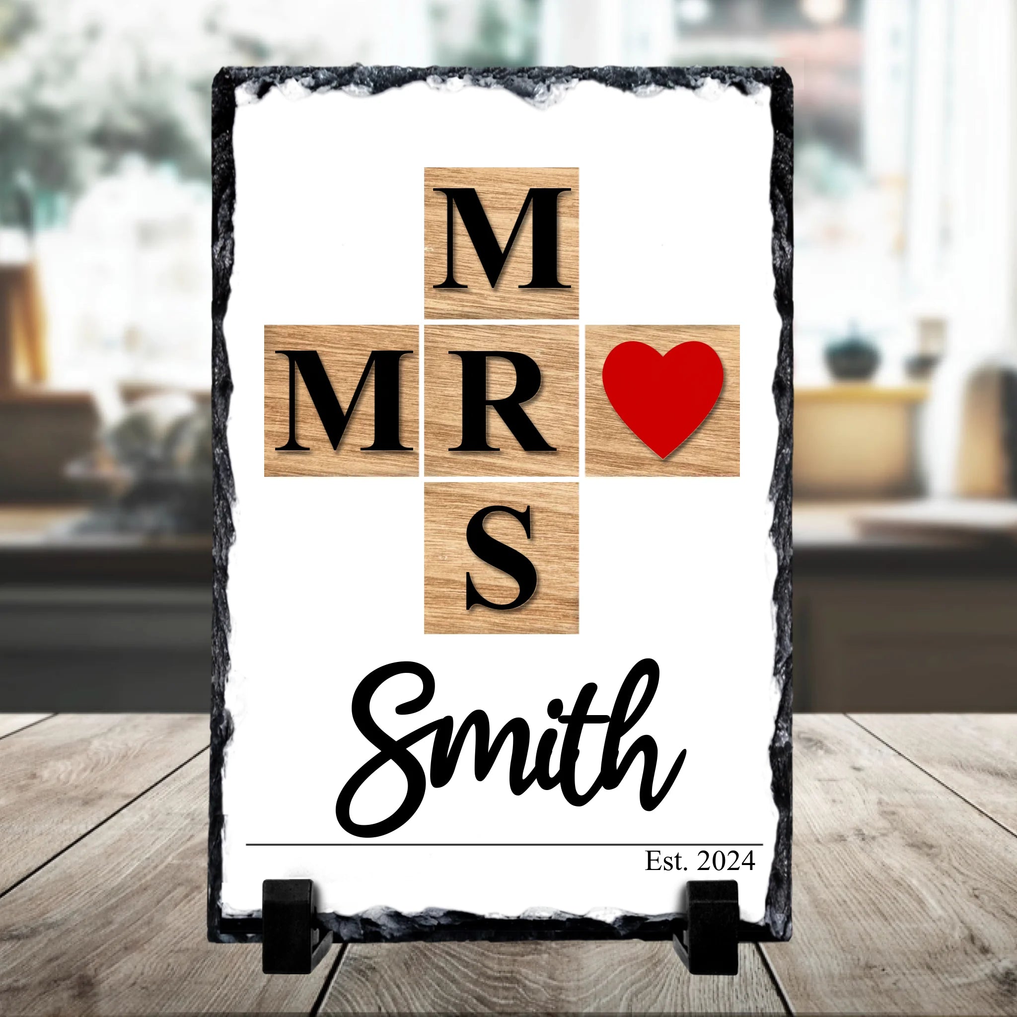 Personalised wedding photo slate with couple names in crossword format, wall art gift