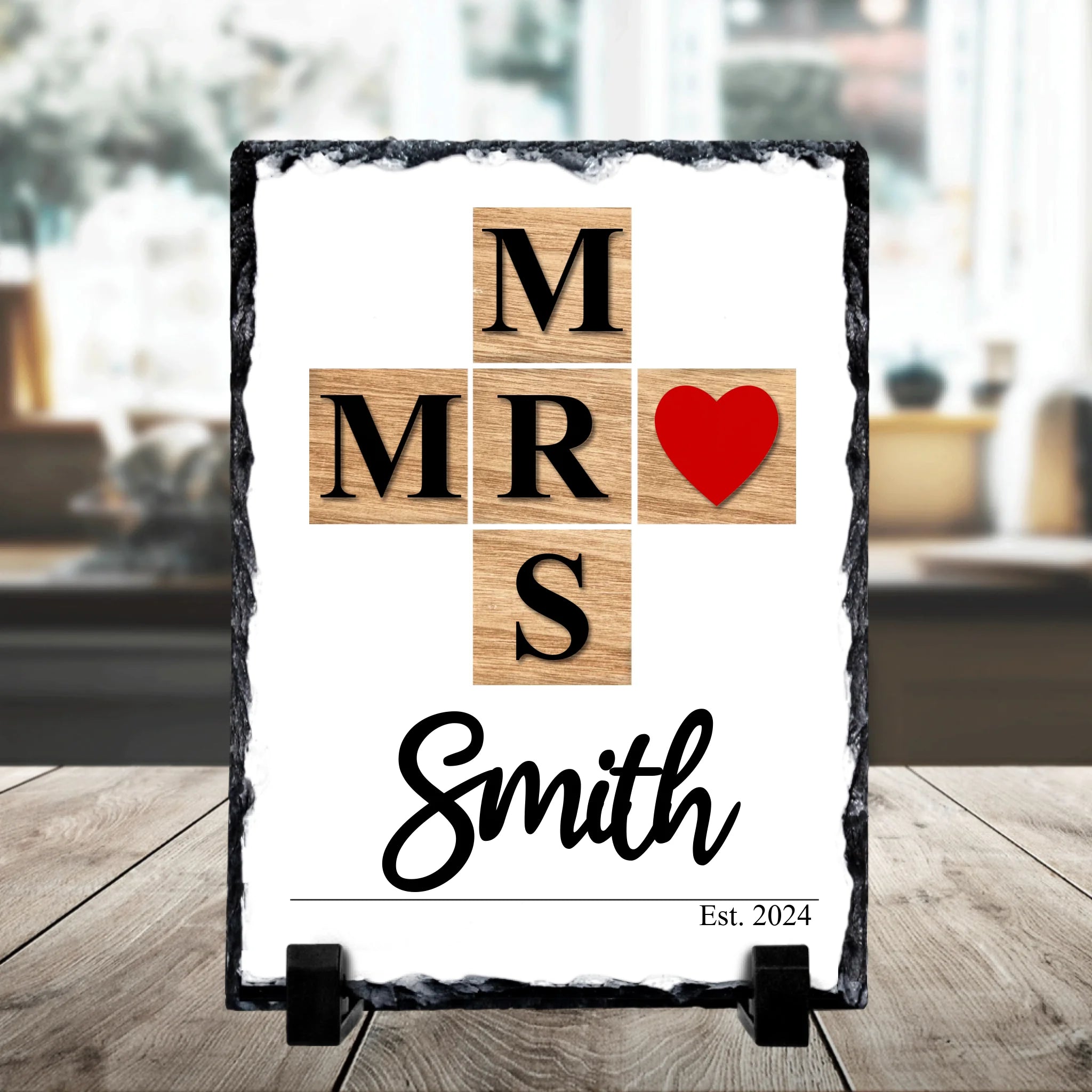 Personalised Mr and Mrs photo slate with crossword-style name design, wedding gift idea