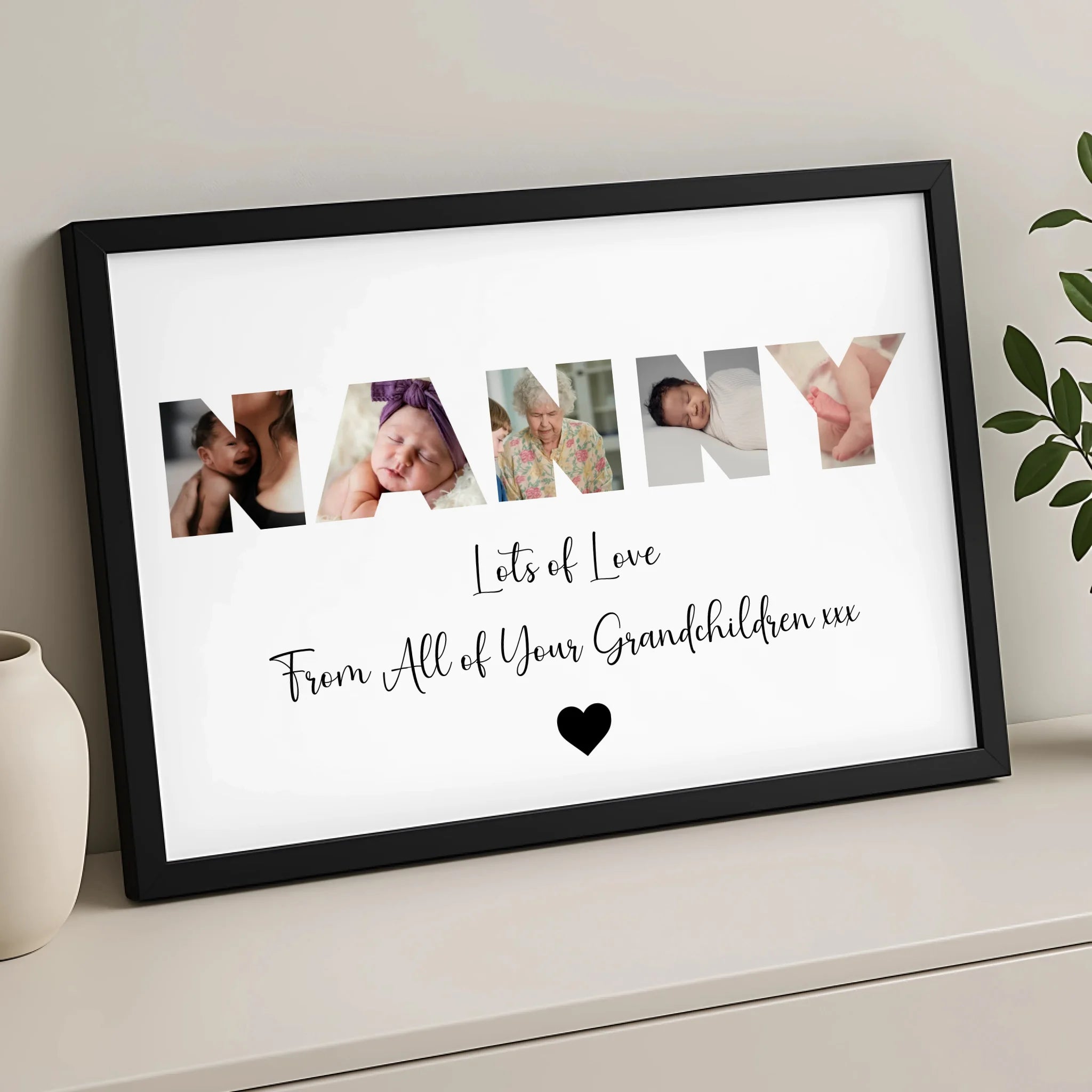 Custom photo frame for Nanny showing personalised print with family photo