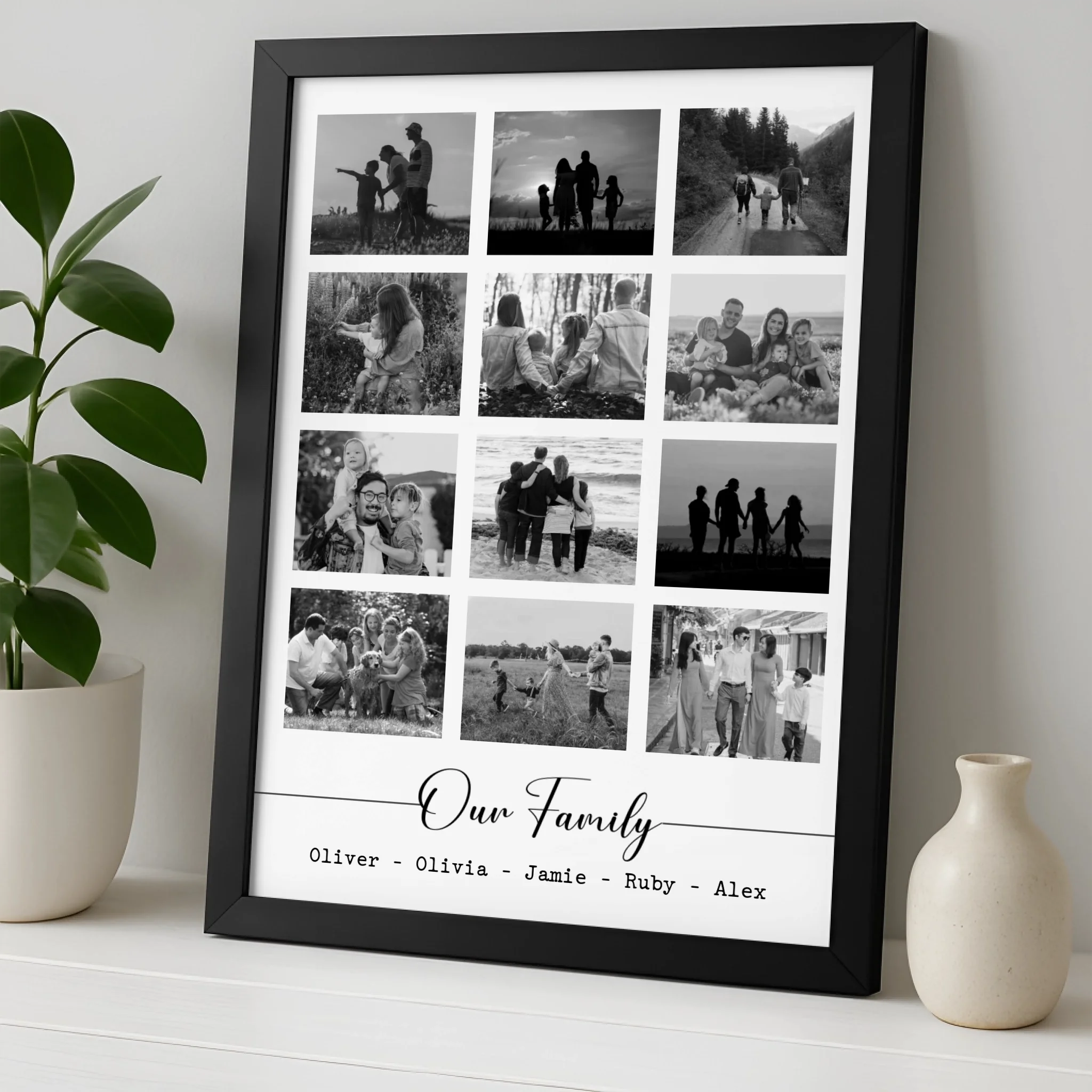 Personalised Family Picture Frame | Custom Photo Collage | Gift for Home, Parents or Grandparents | Black & White