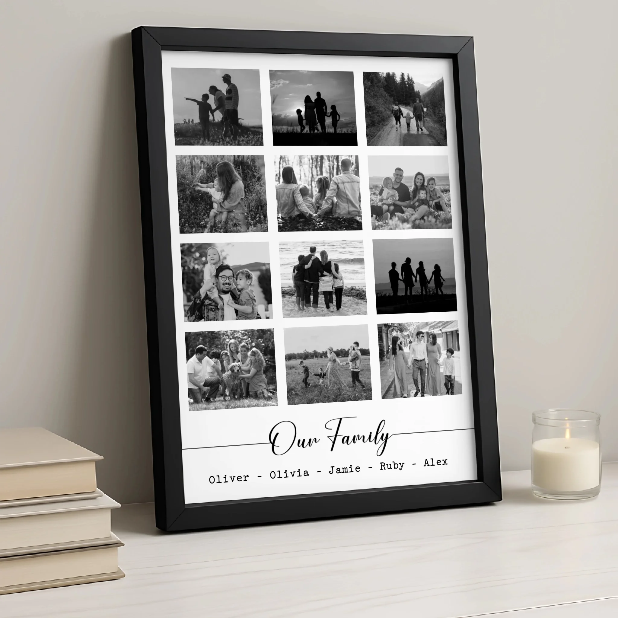 Personalised photo frame with multiple family photos displayed on a wall