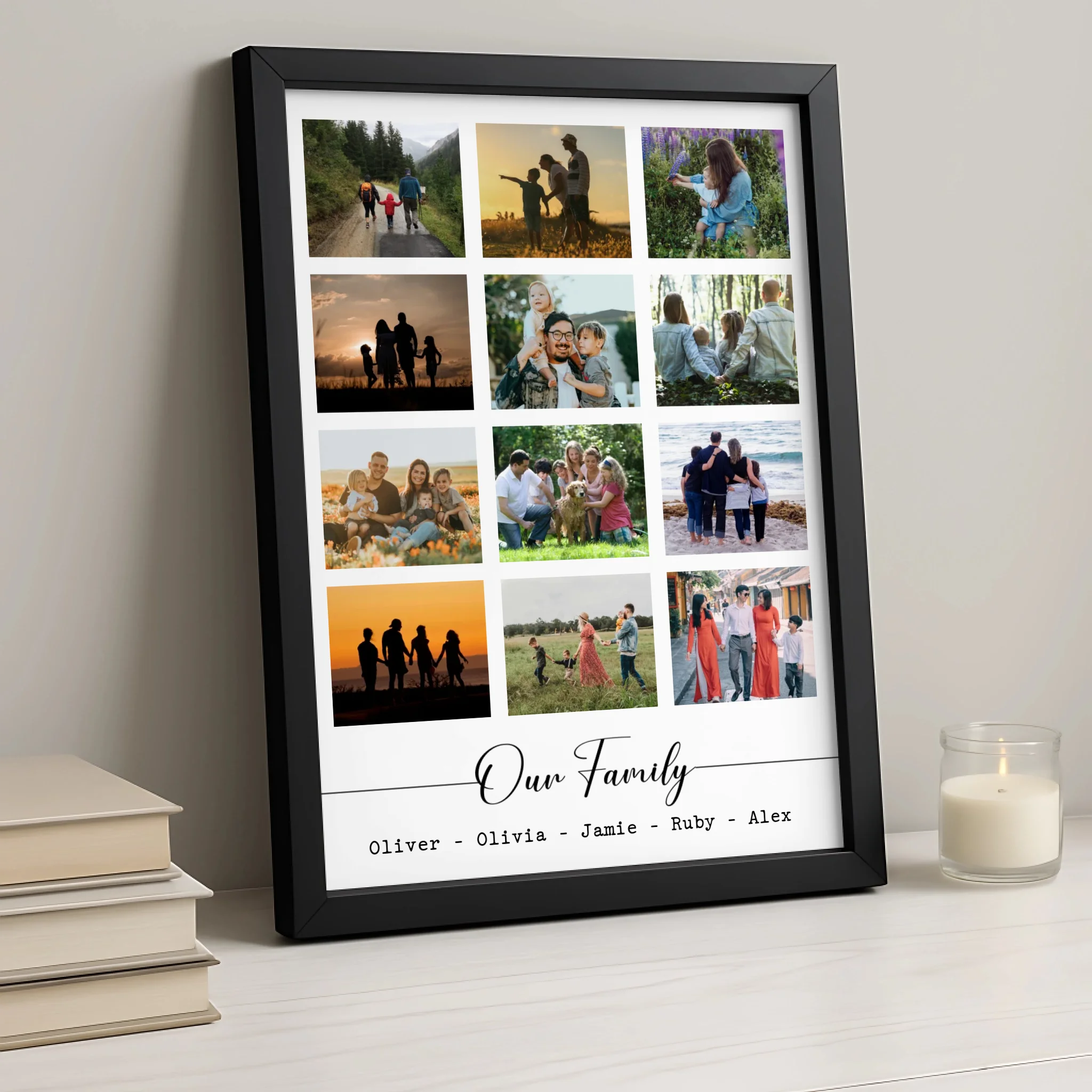 Personalised photo frame gift showing family photos in a multi-aperture layout