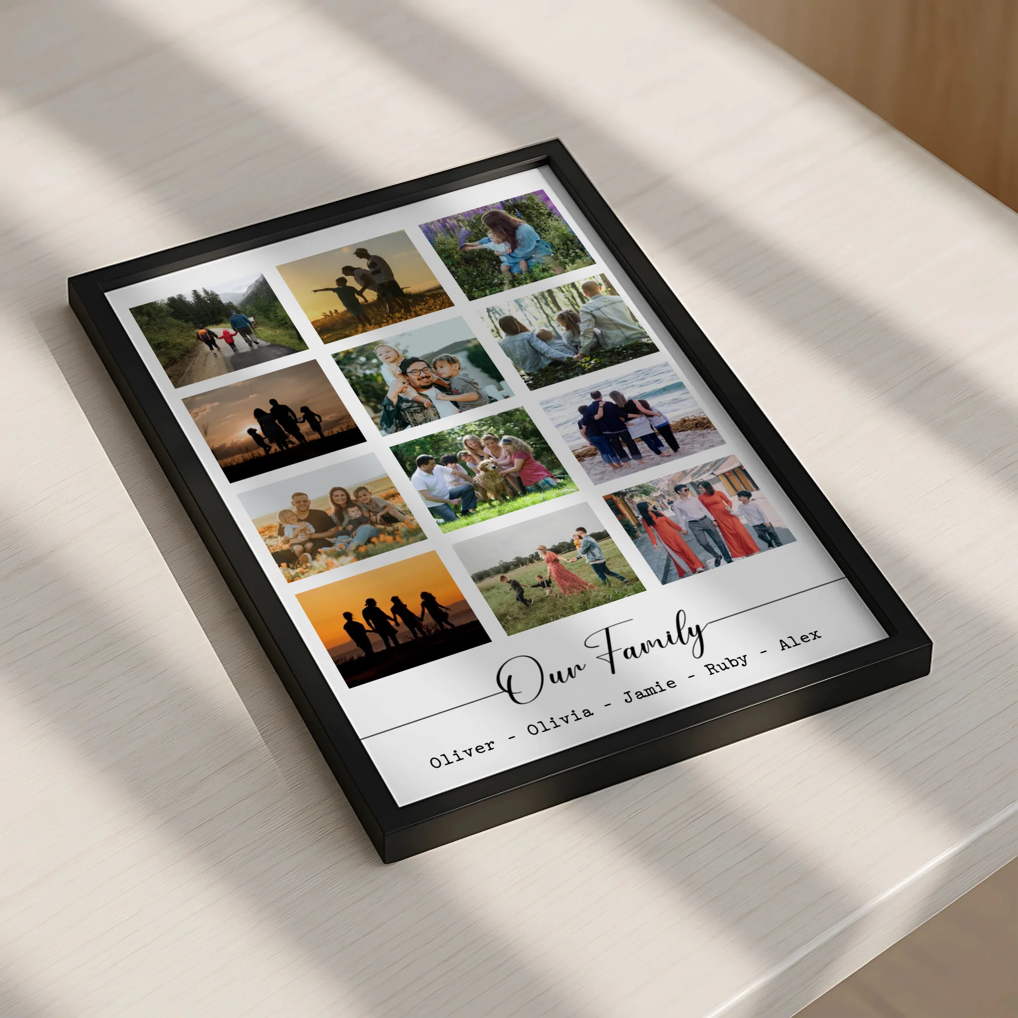 Custom photo frame with six photos arranged in a collage style