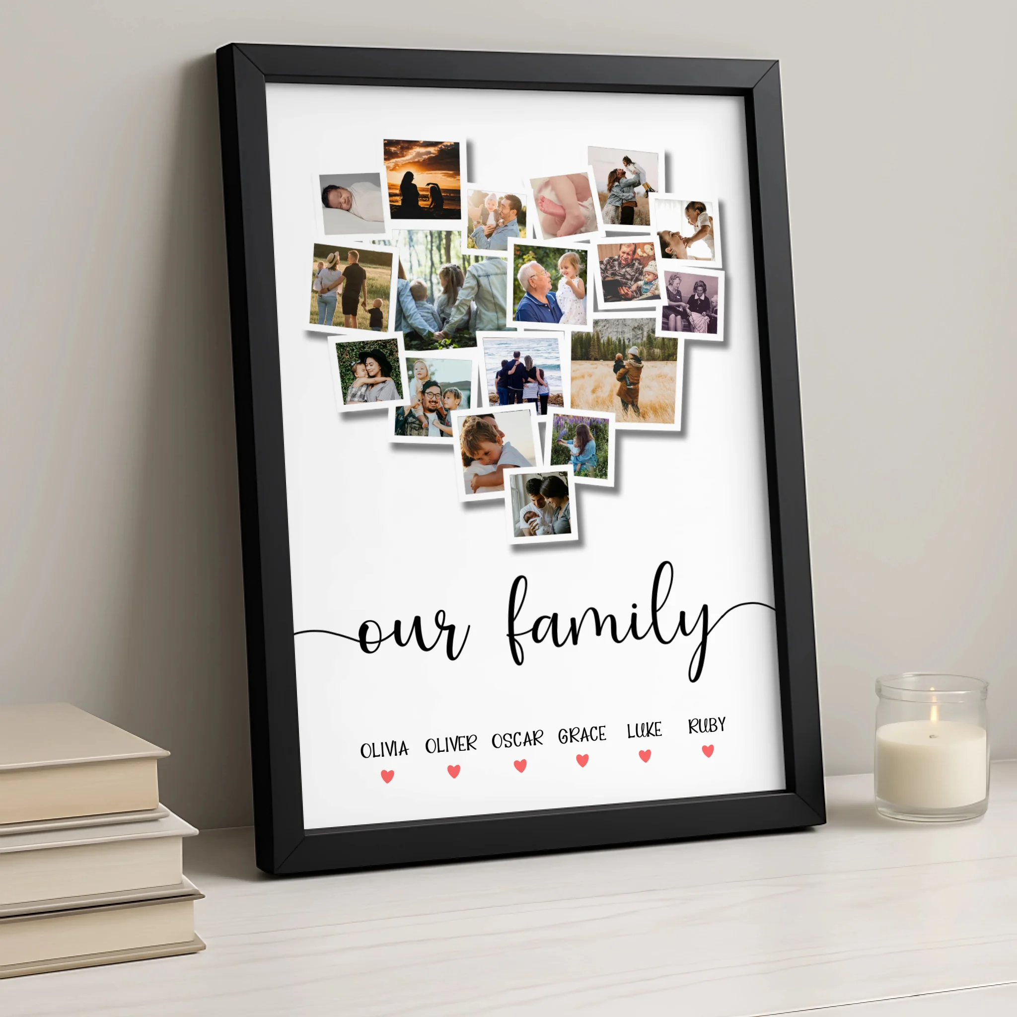 Close-up of a personalised family photo collage print with heart layout