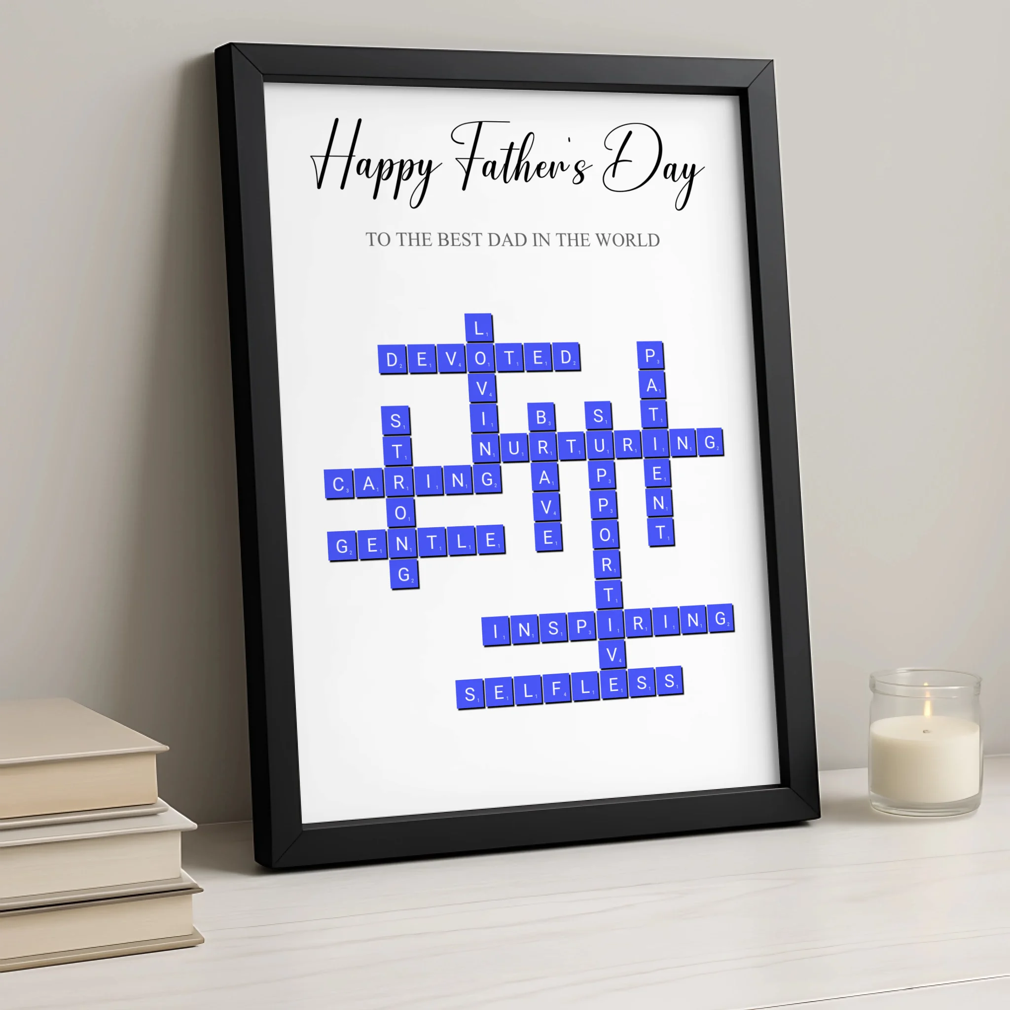Custom crossword print photo frame gift for Dad shown from the front