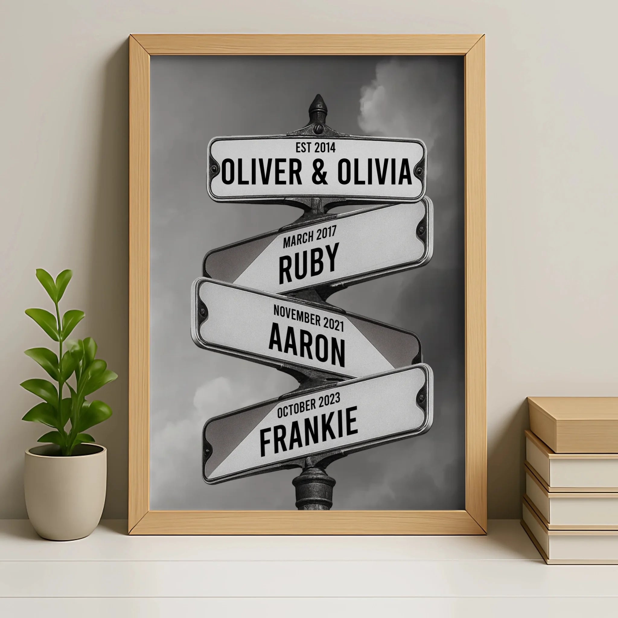 Oak photo frame holding a personalised family street sign print with established date
