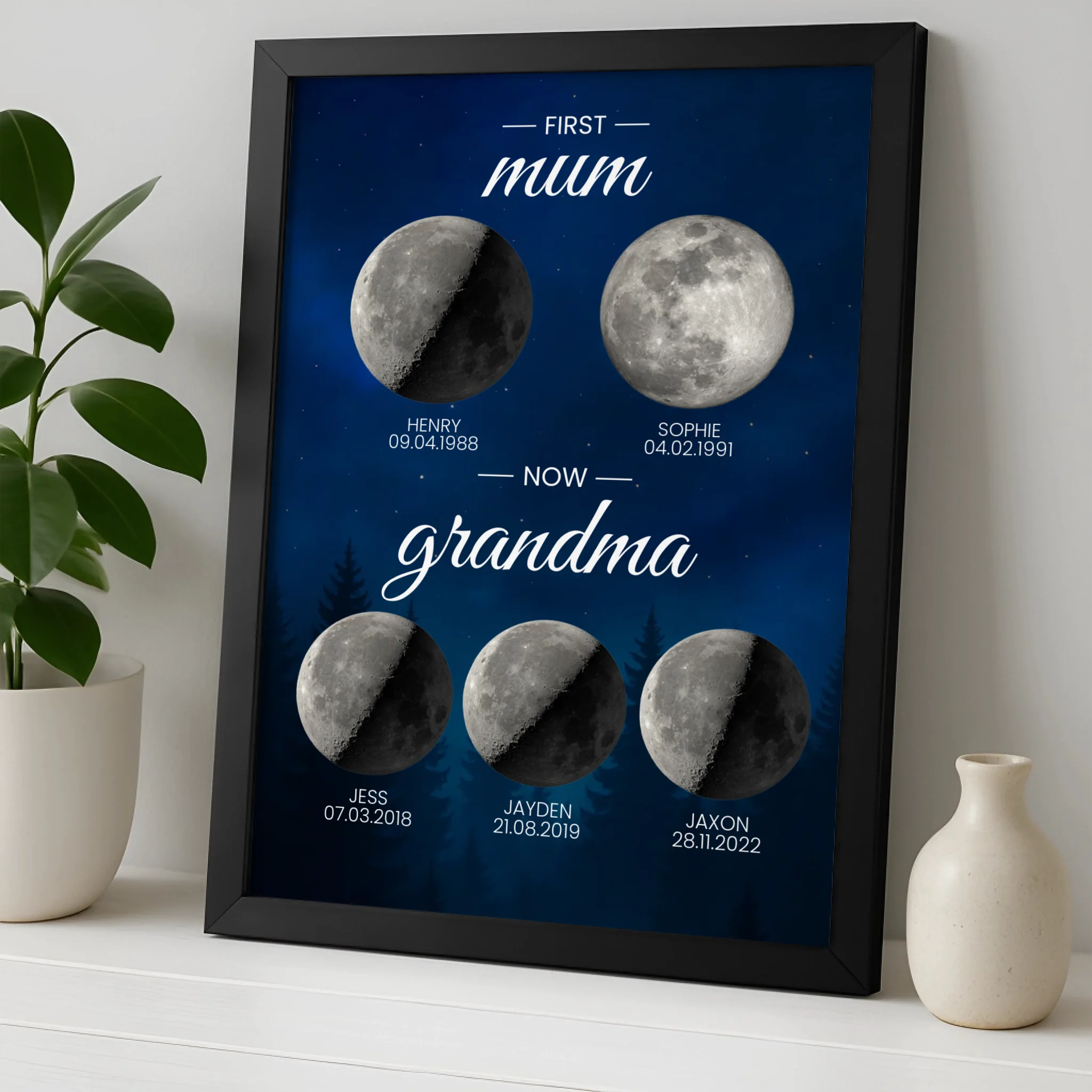 Custom moon phase family print showing children and grandchildren names in a framed design