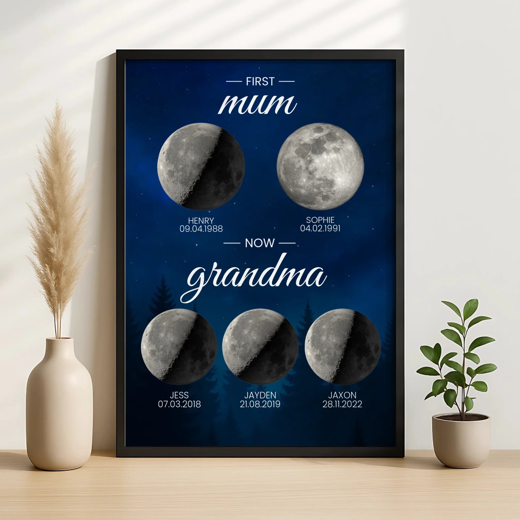 Personalised family generations moon phase print displayed in a frame