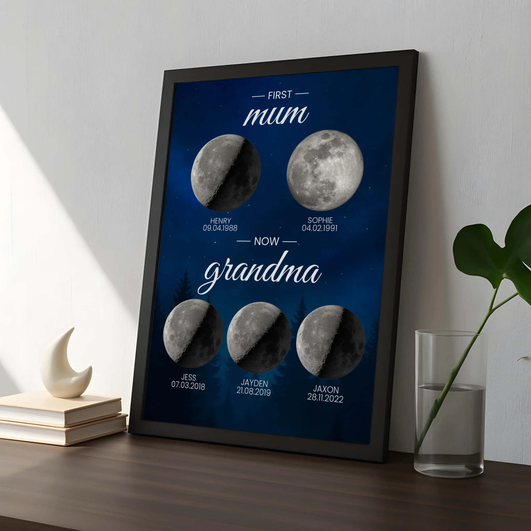 Personalised moon phase family photo frame print in A4 size