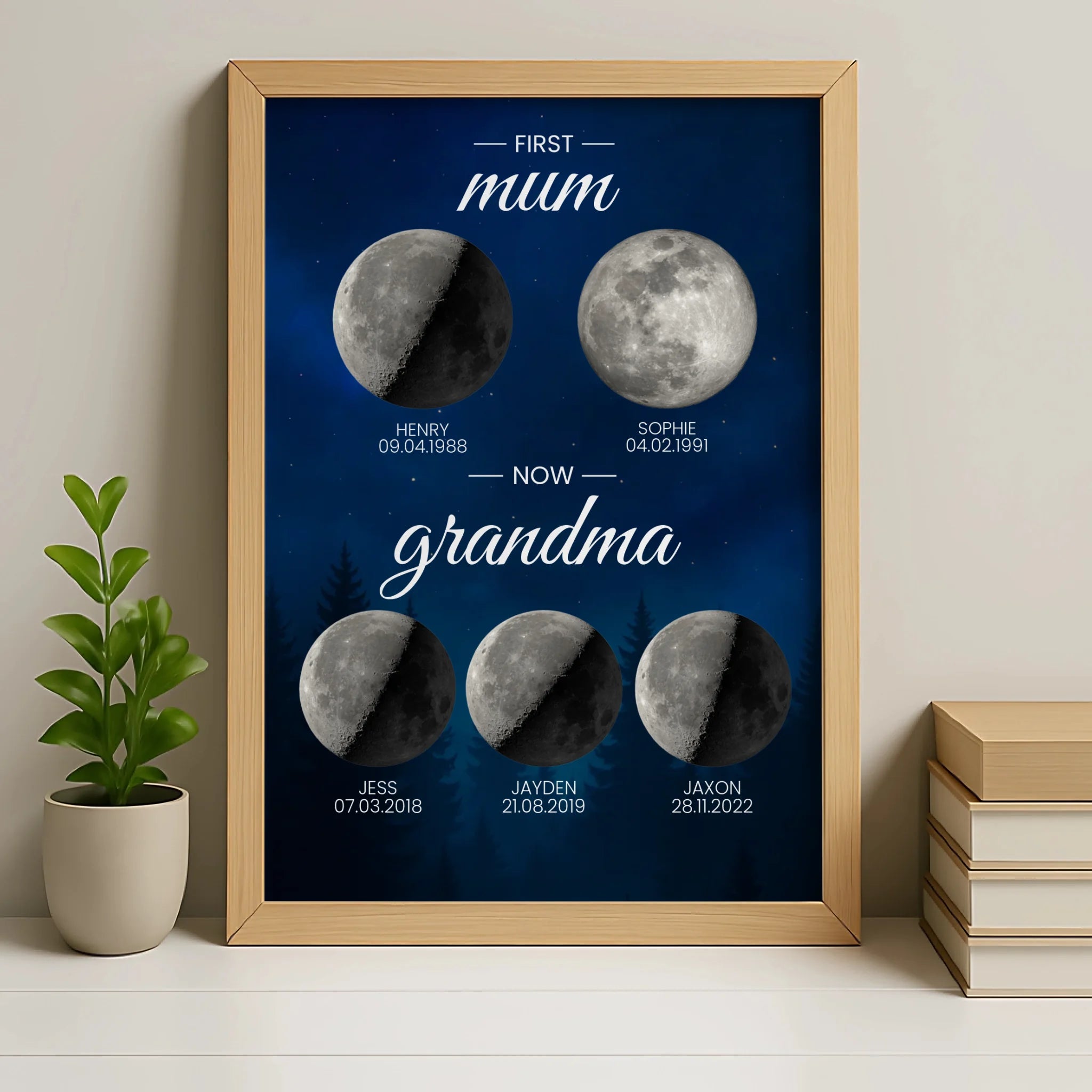 Personalised moon phase family generations print in an oak frame