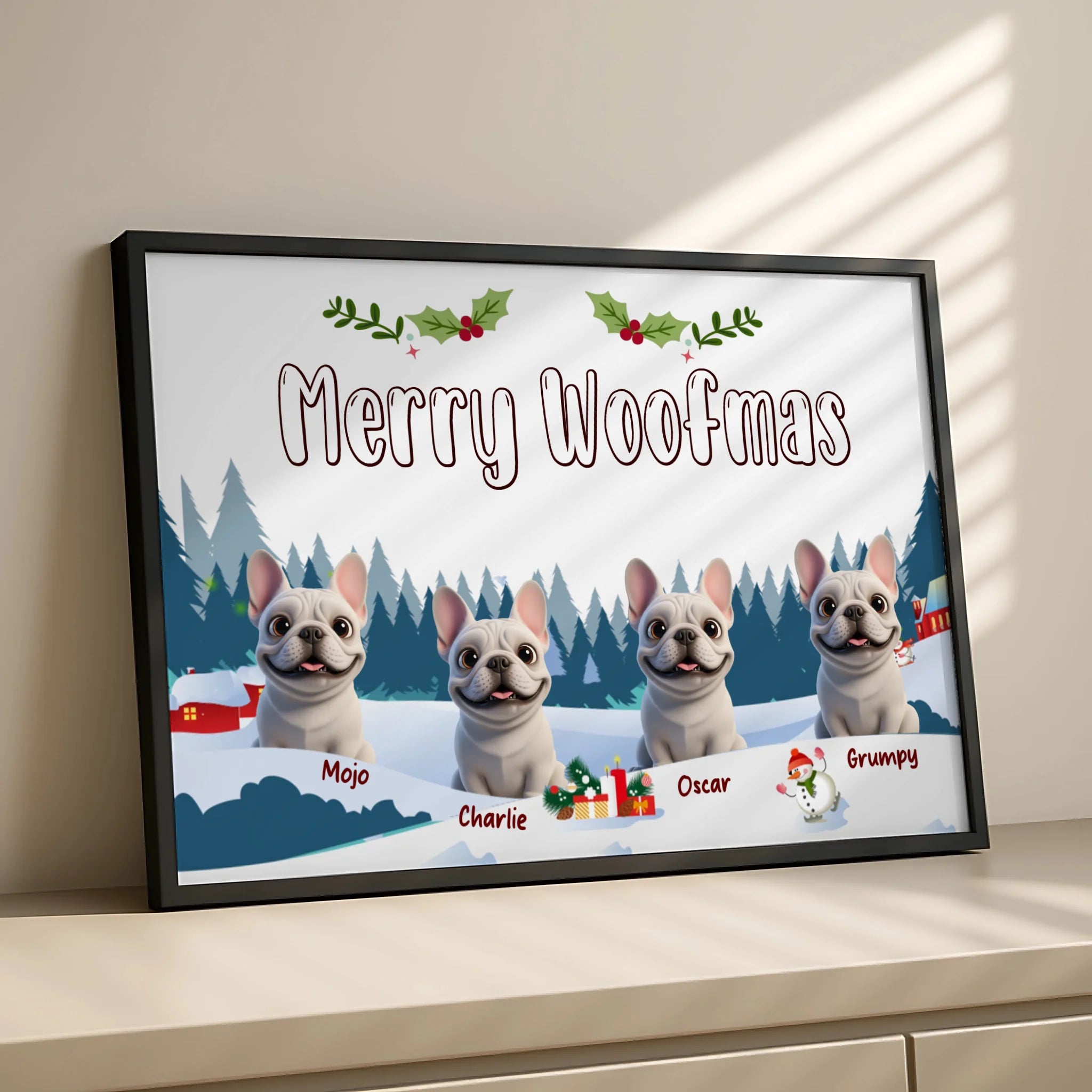 Personalised dog photo frame with a festive Merry Woofmas design