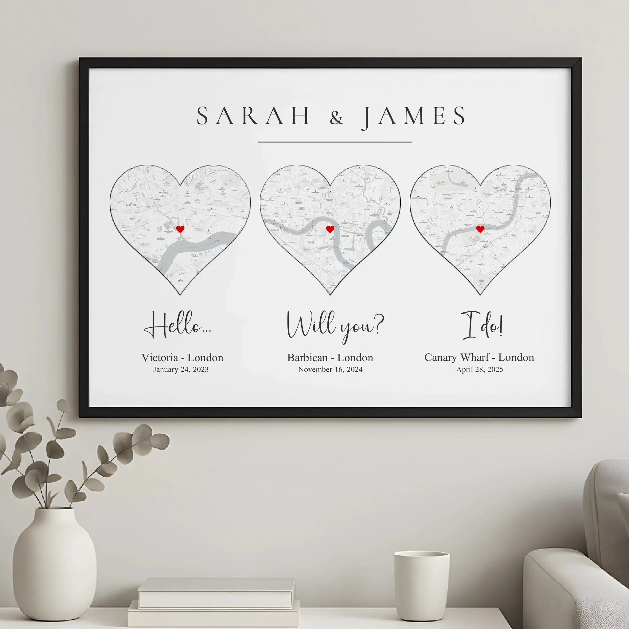 Personalised photo frame with minimal map design and custom location details