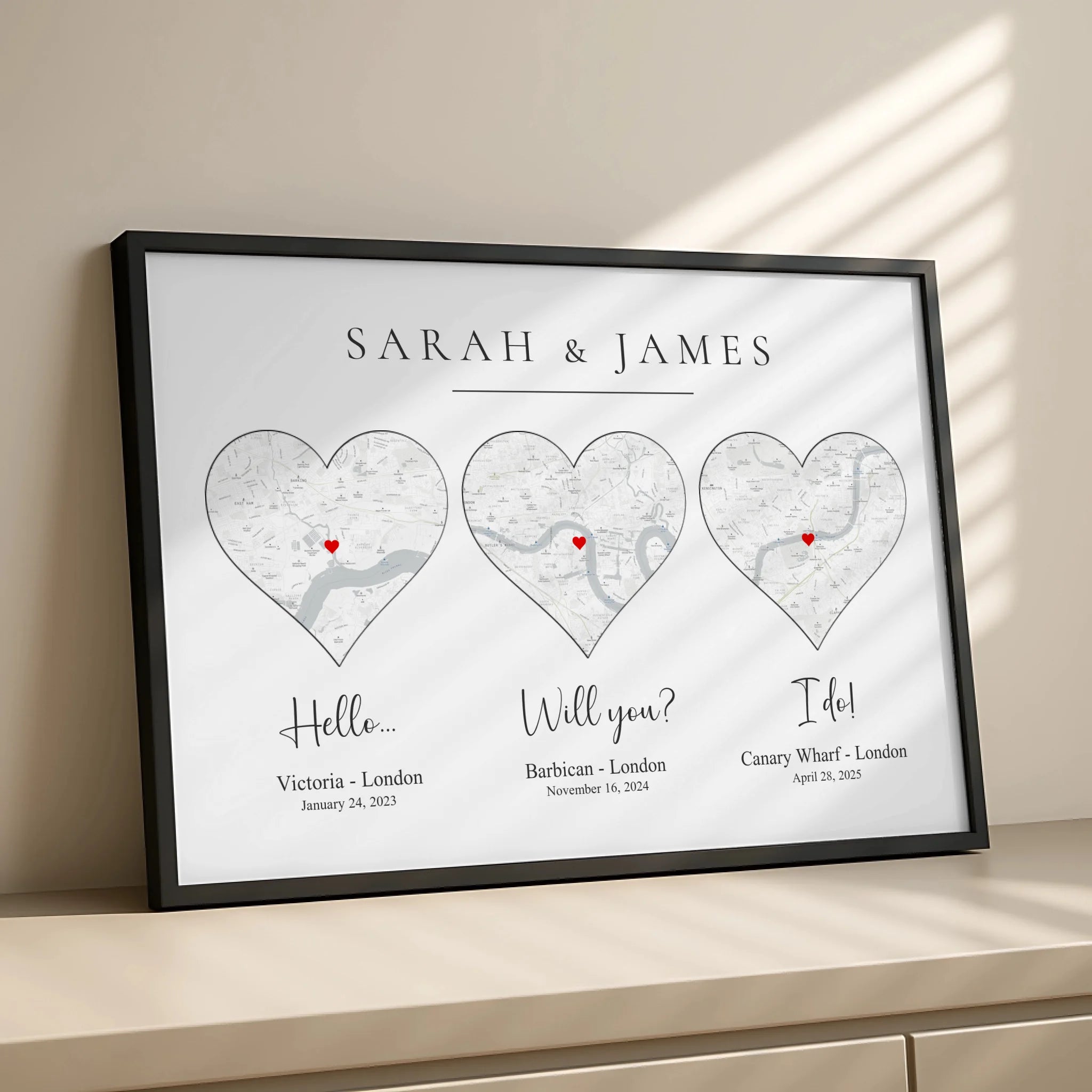 Minimal personalised map print displayed in a photo frame with custom wording