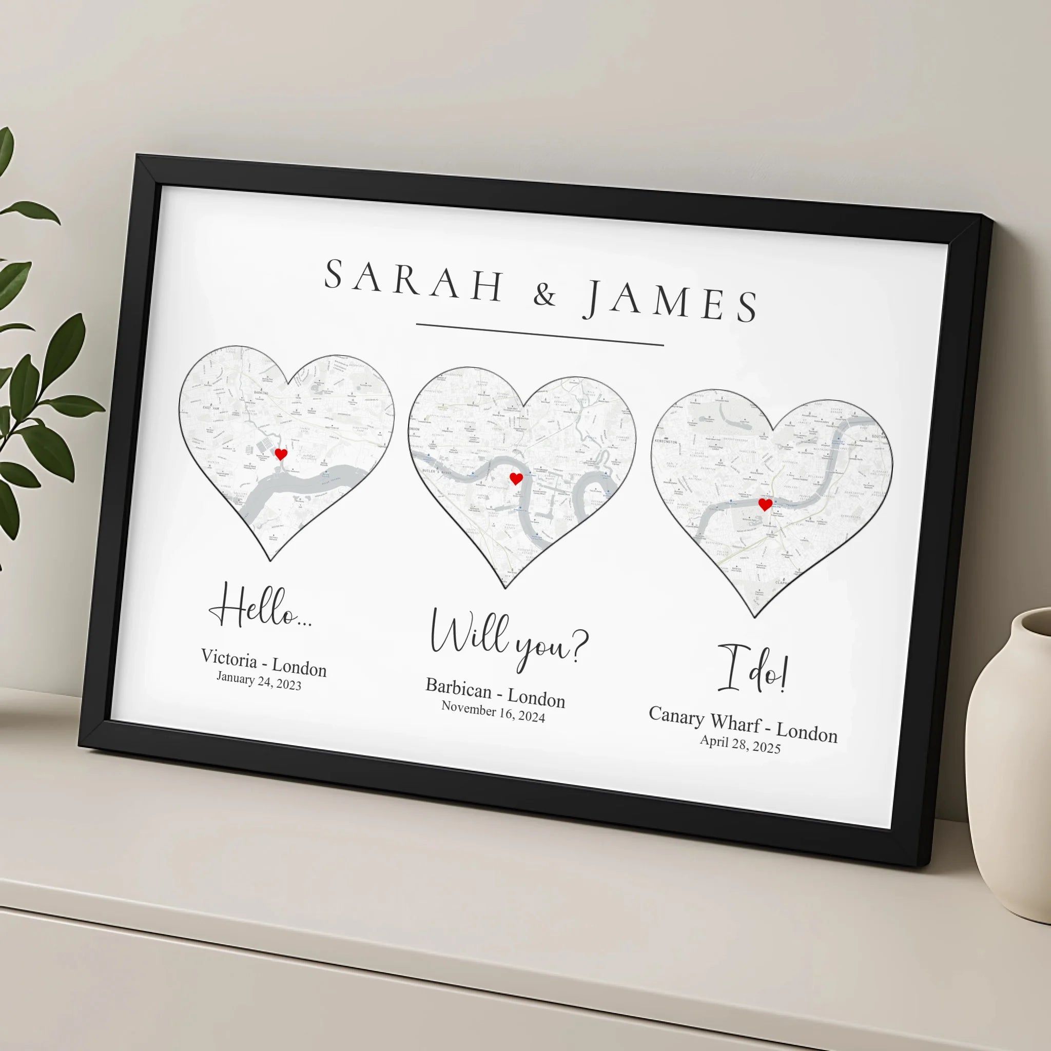 Custom map photo frame showing personalised location text and coordinates