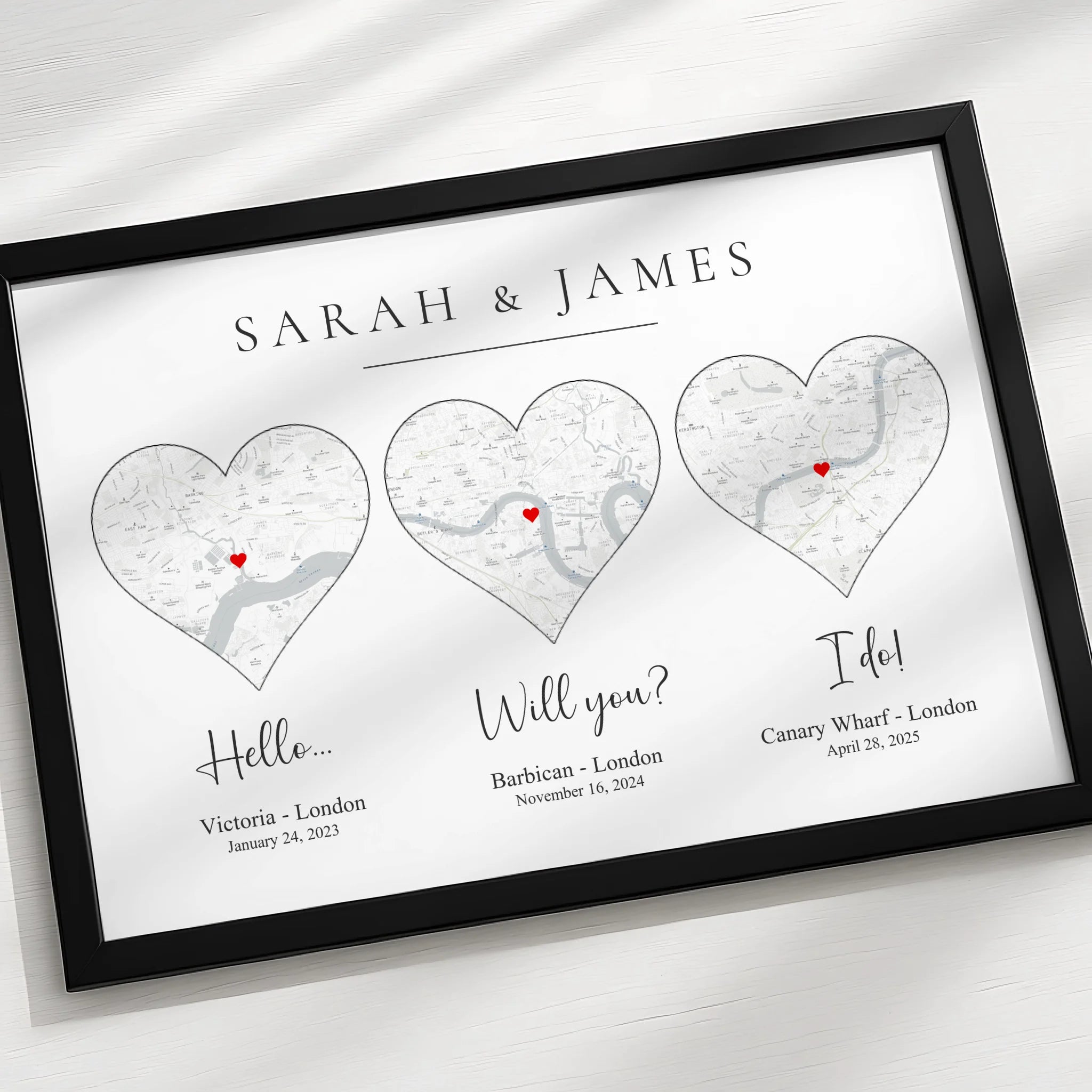 Framed custom map print with personalised text for a home or gift