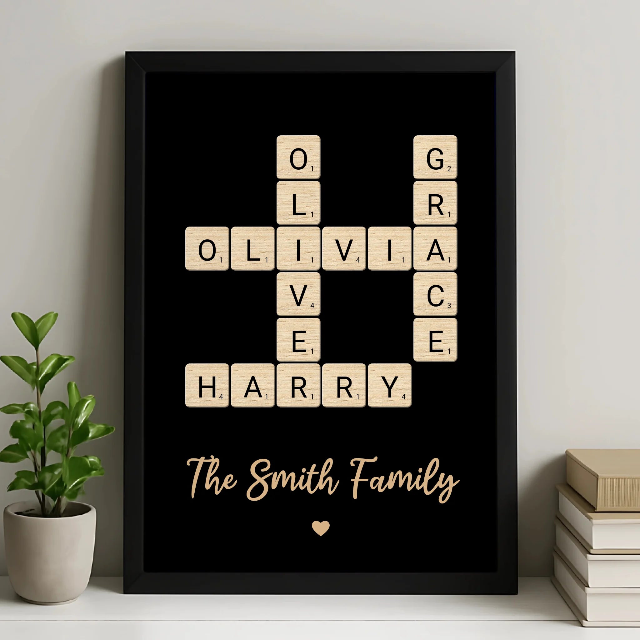Custom Family Name Print | Personalised Crossword Wall Art | Wooden Tile Style Framed Gift