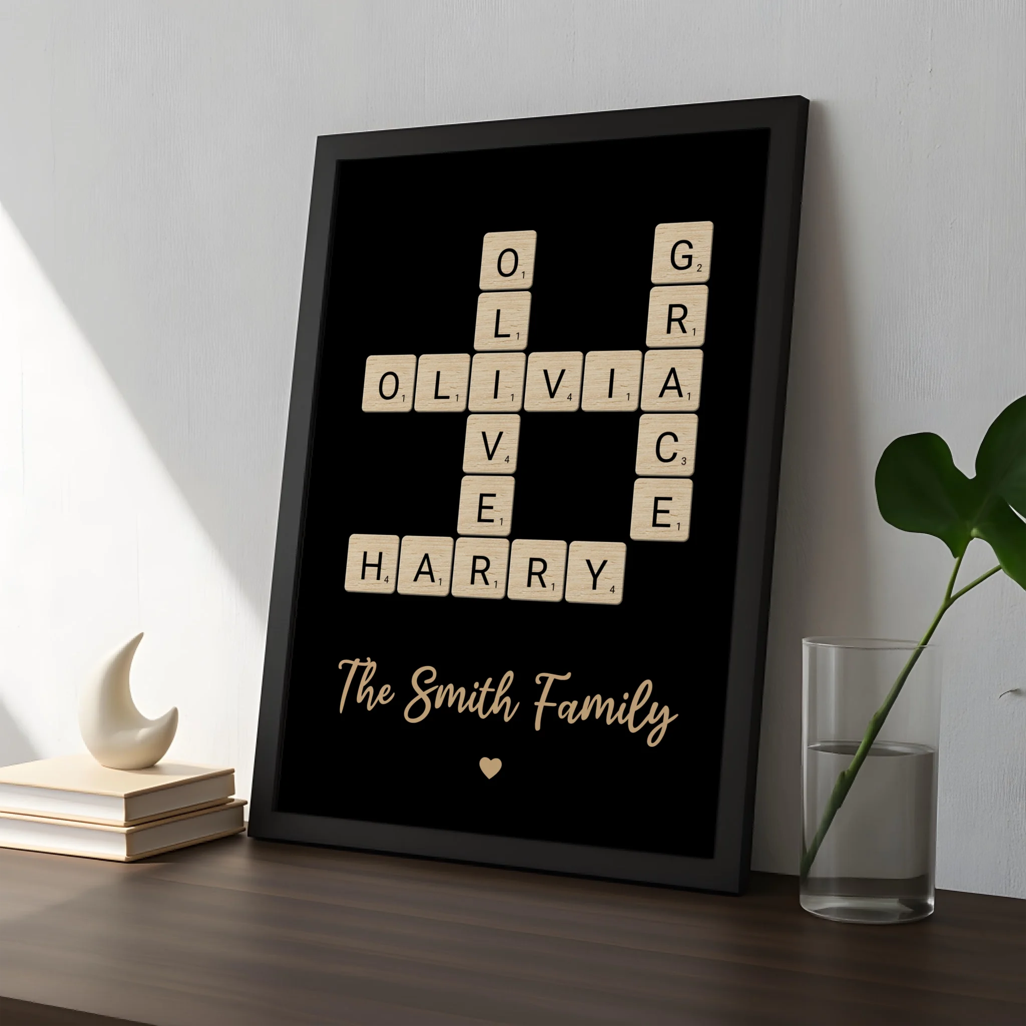 Custom crossword personalised photo frame gift shown in a home setting