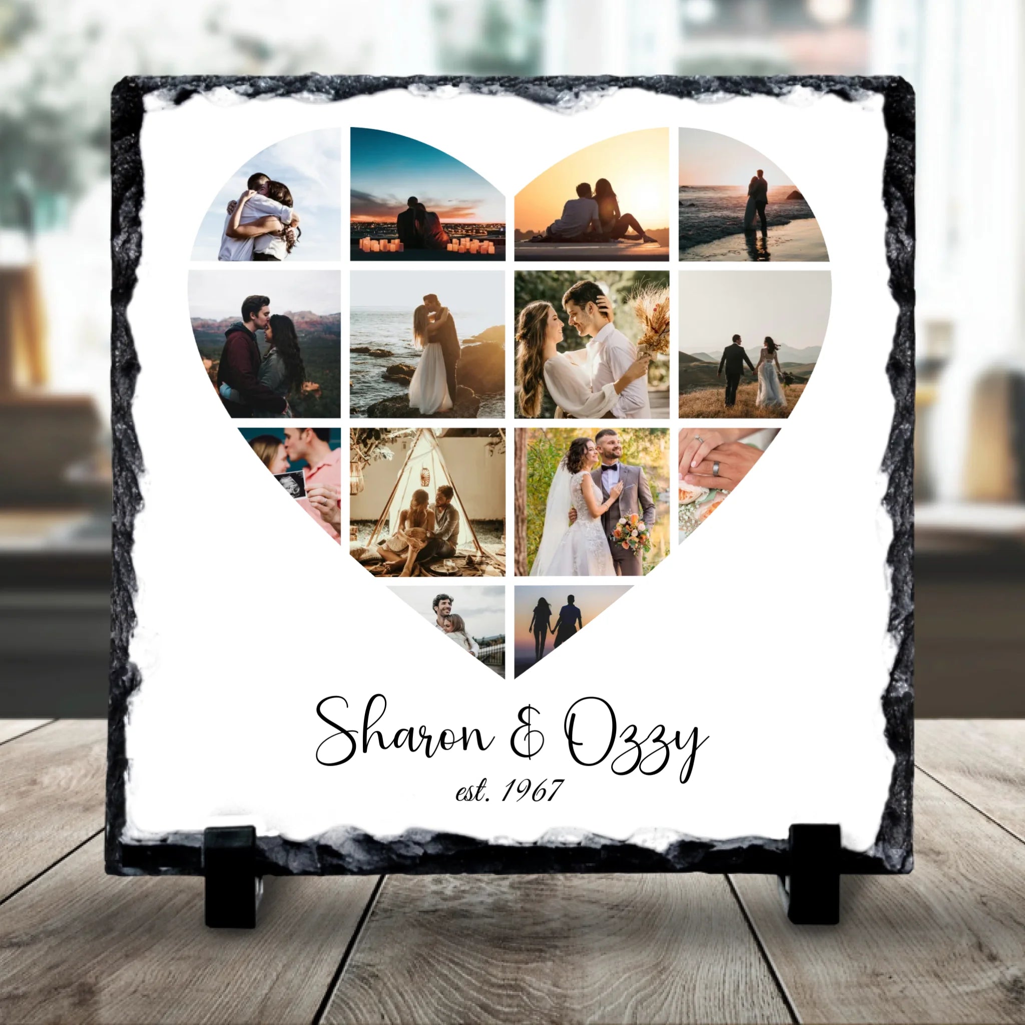 Personalised heart photo collage slate with 13 photos, custom names and date