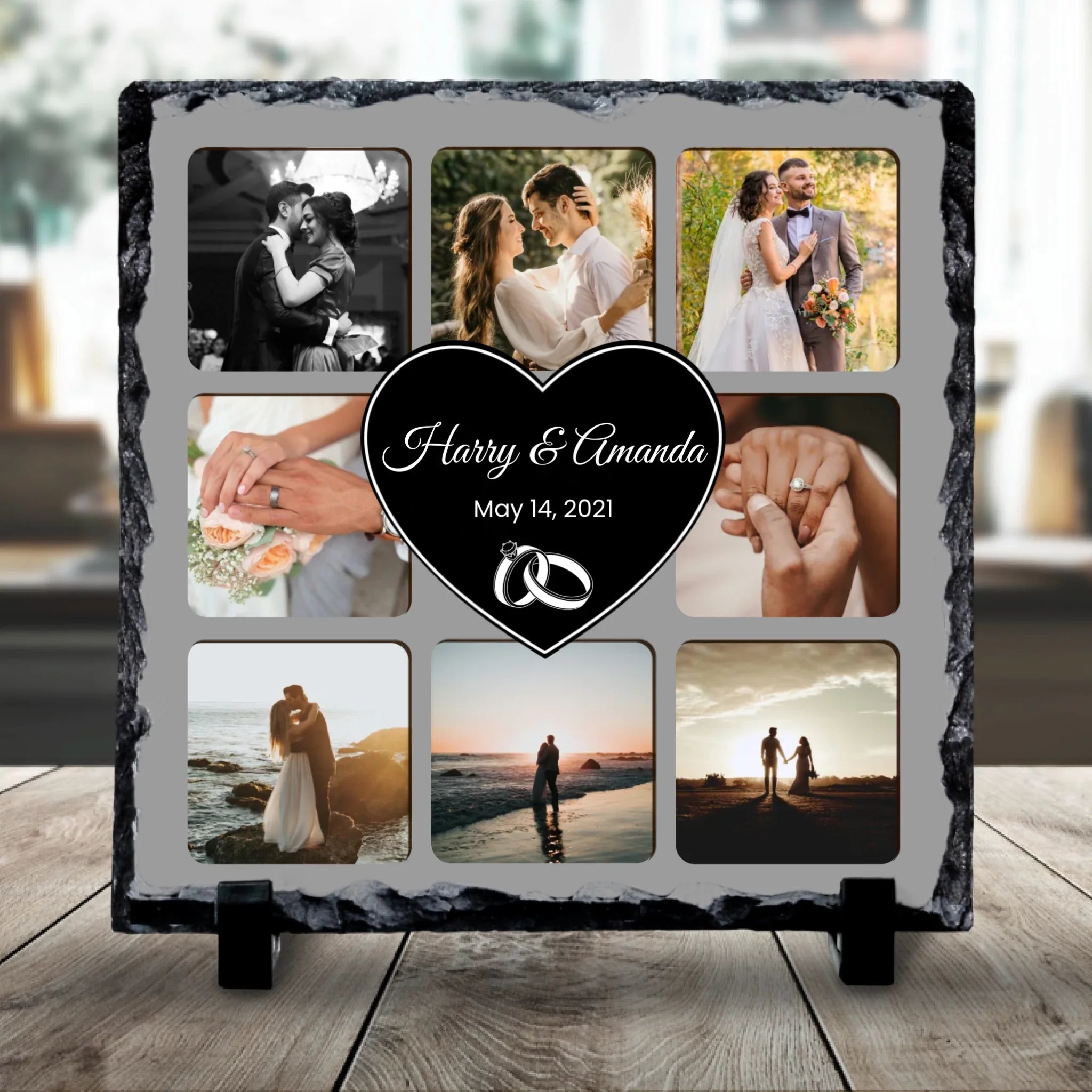 Personalised 9 photo collage slate with heart centre showing custom names and date