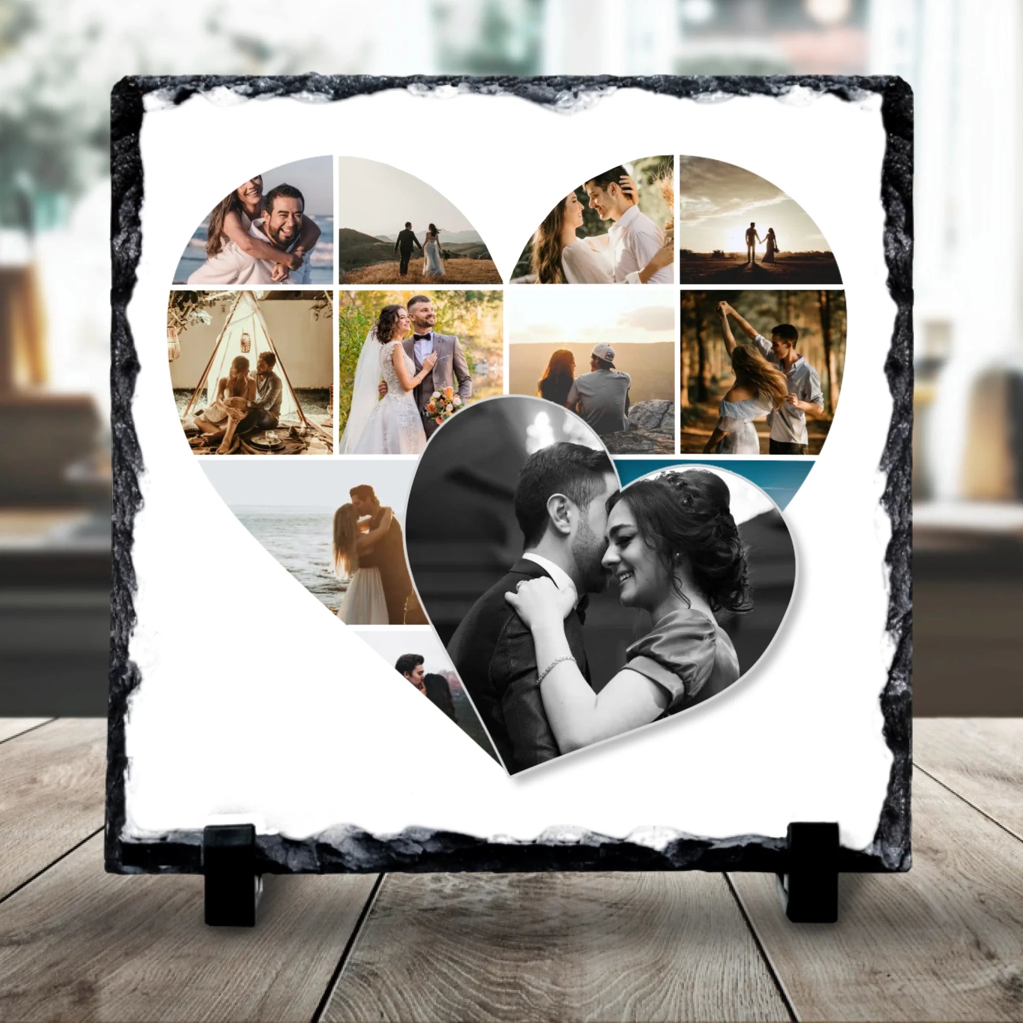 Personalised double heart photo collage slate with multiple photos printed on natural slate