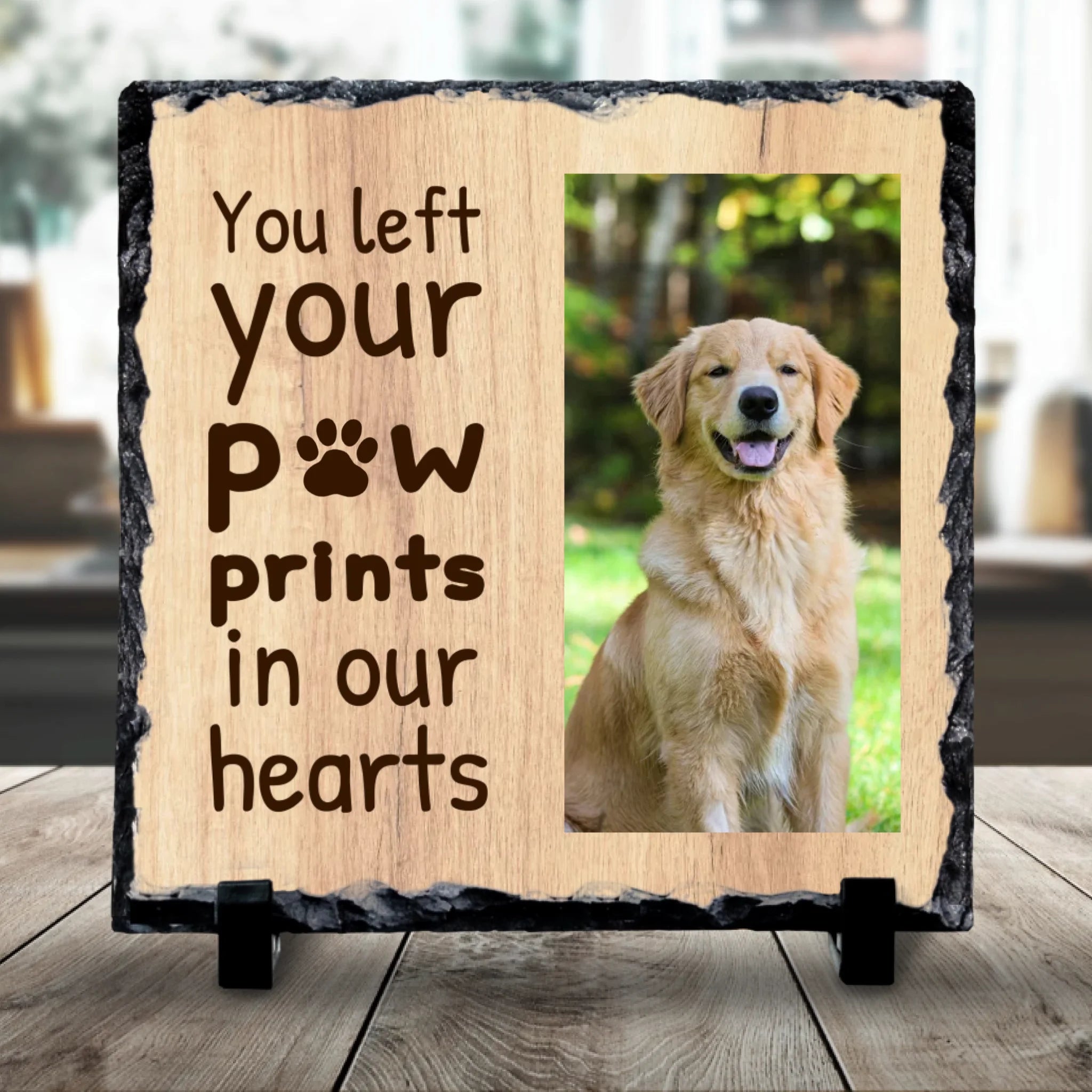 Personalised pet memorial photo slate with paw prints design showing a custom pet photo