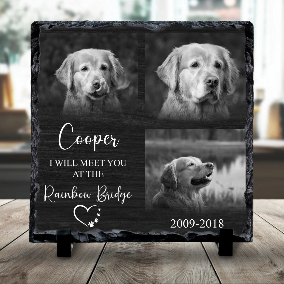 Custom Personalised Pet Memorial Photo Slate - Rainbow Bridge - Black & White