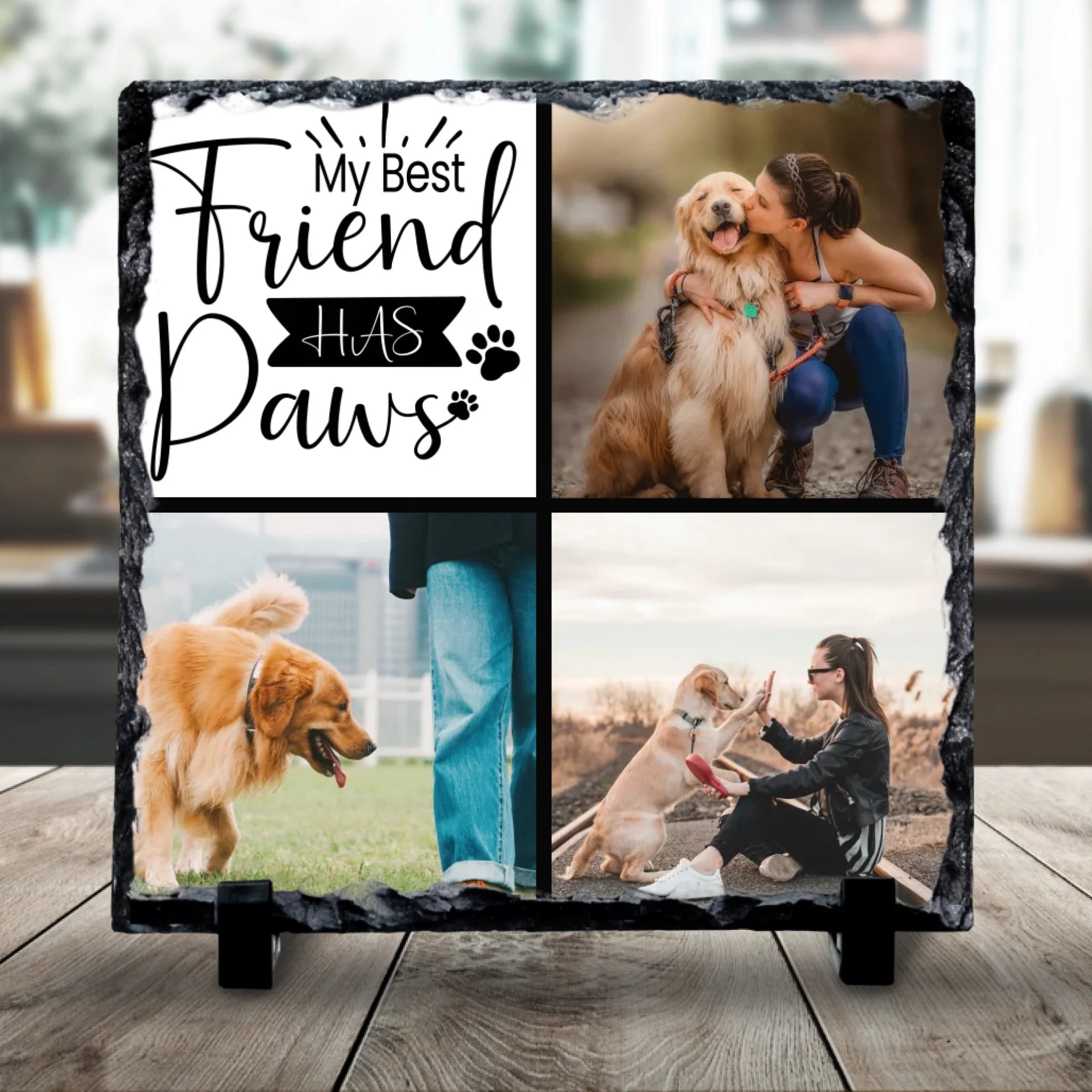 Personalised pet photo slate with the text My Best Friend Has Paws printed below a dog photo
