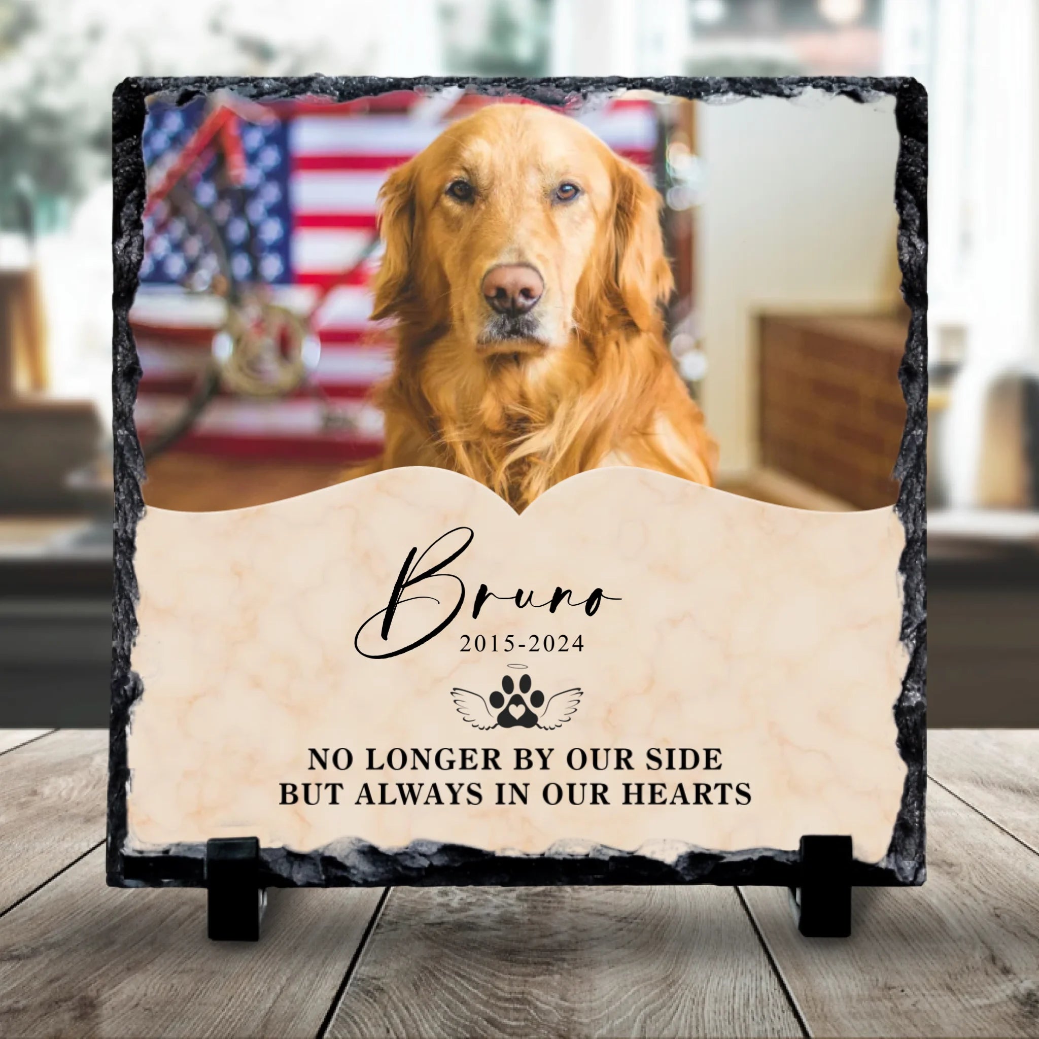 Custom personalised pet memorial photo slate with uploaded pet photo and No Longer By Our Side text