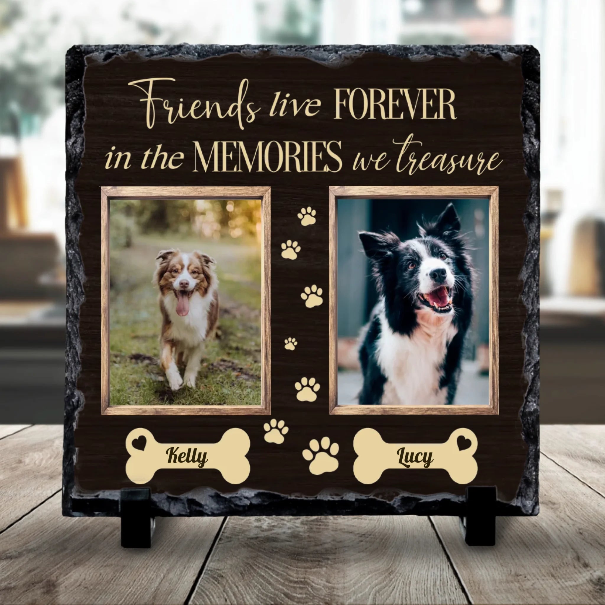 Personalised pet photo slate for two pets with Friends Live Forever text printed on slate