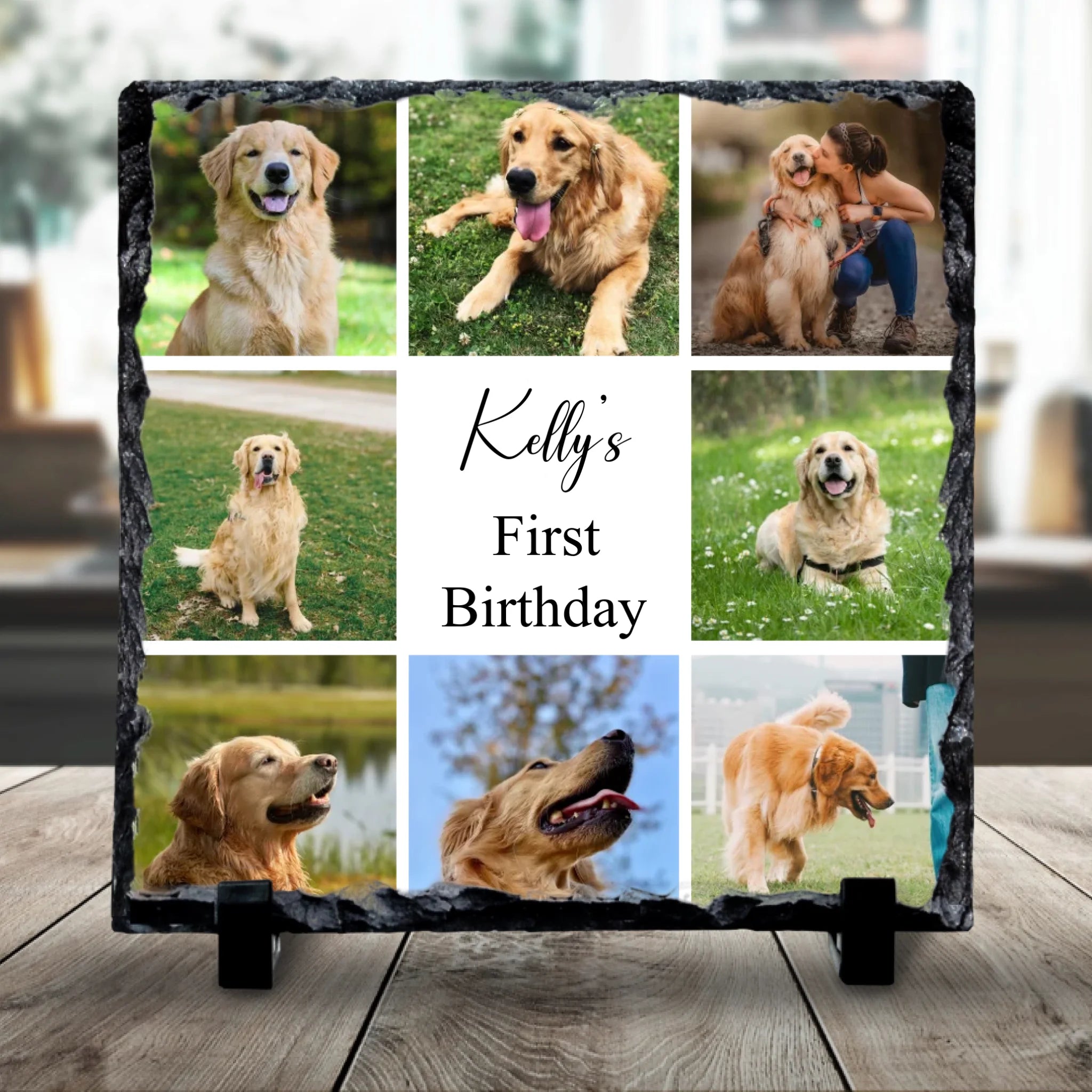 Personalised photo slate with 8 photos, custom text and a choice of background colour