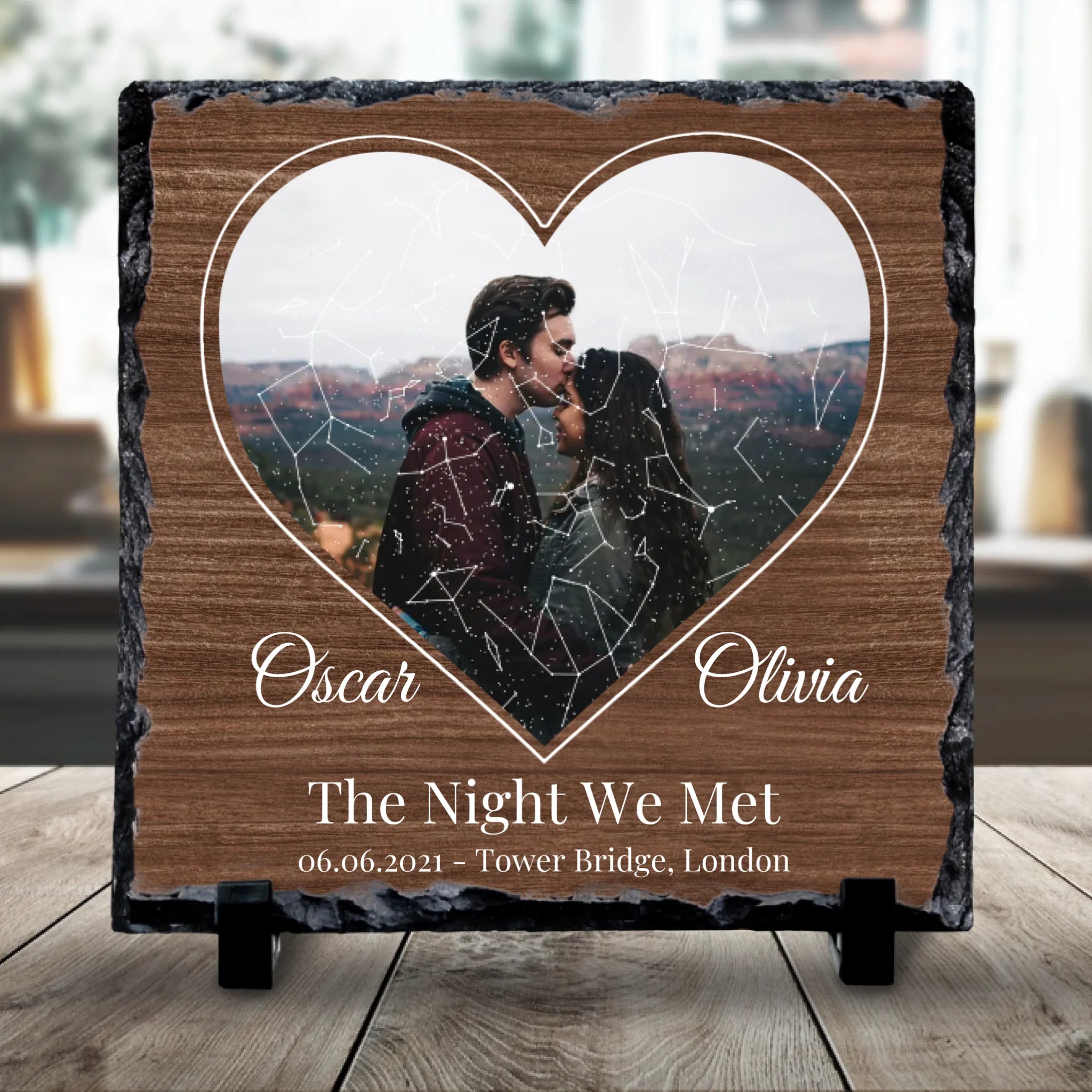 Personalised photo slate with heart design, custom star map, names, date and location printed on slate