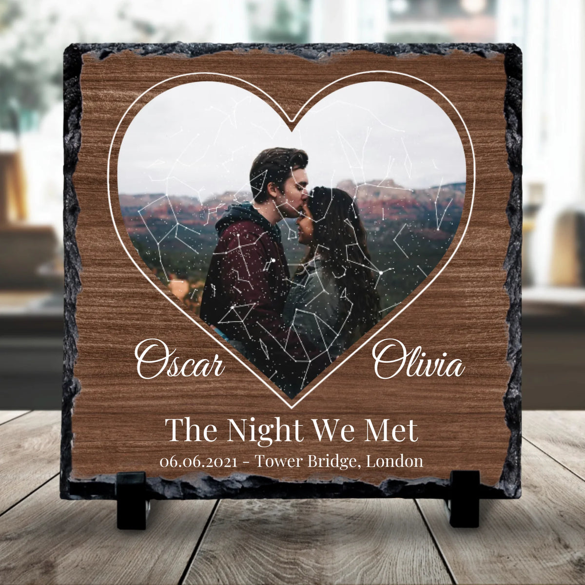 Personalised Heart Photo & Star Map Slate – Custom Night Sky with Names, Date & Location – Anniversary or Wedding Gift