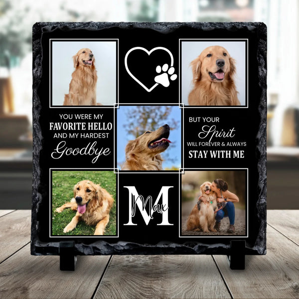 Personalised pet photo collage slate with five photos and 'You Were My Favourite Hello' text