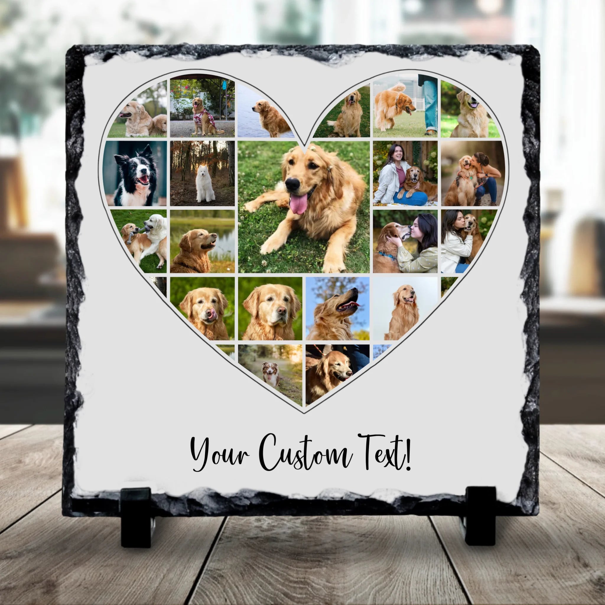 Personalised pet photo collage slate showing over 20 photos with custom text printed on natural slate