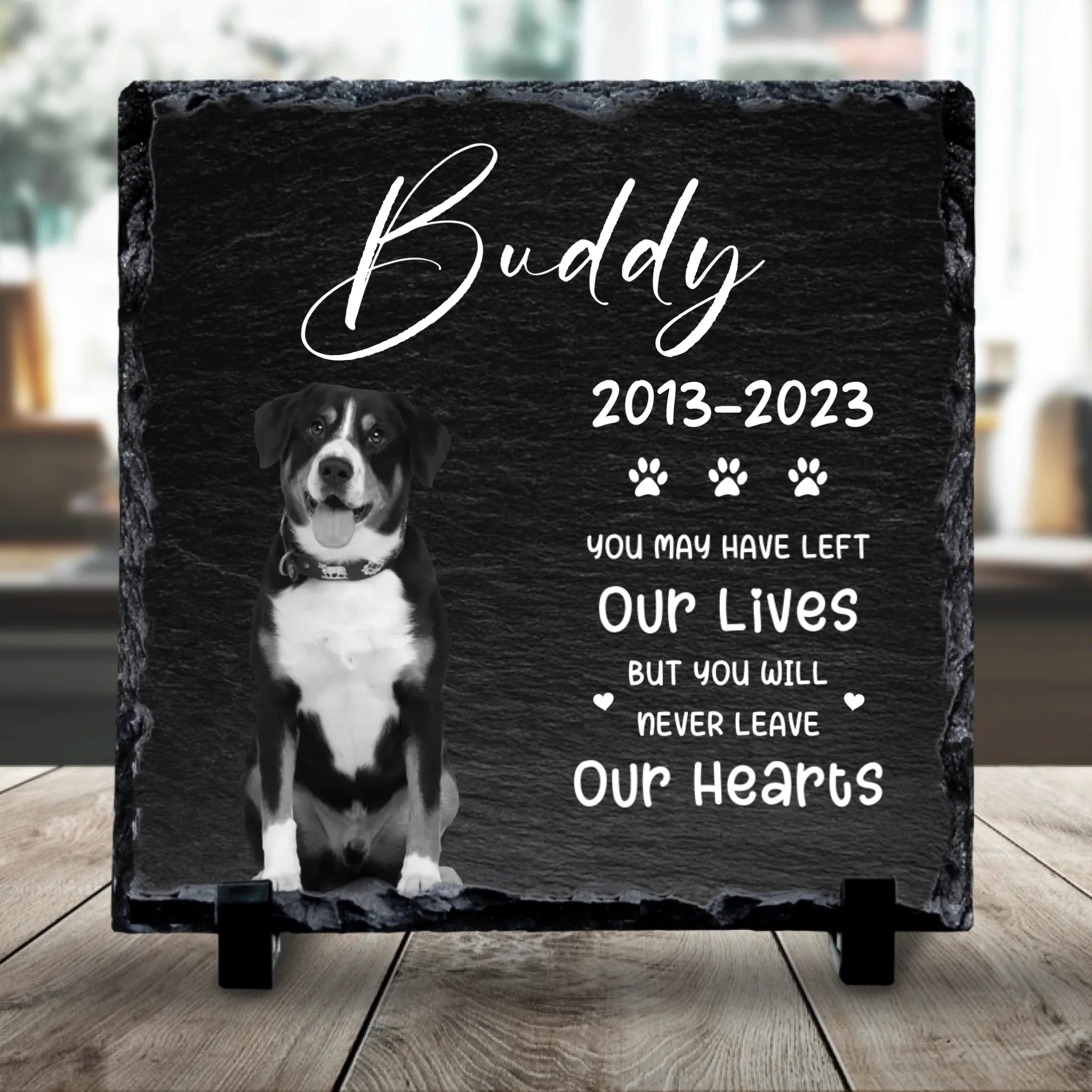 Custom Personalised  Dog Memorial Photo Slate Plaque  - Never Leave Our Hearts