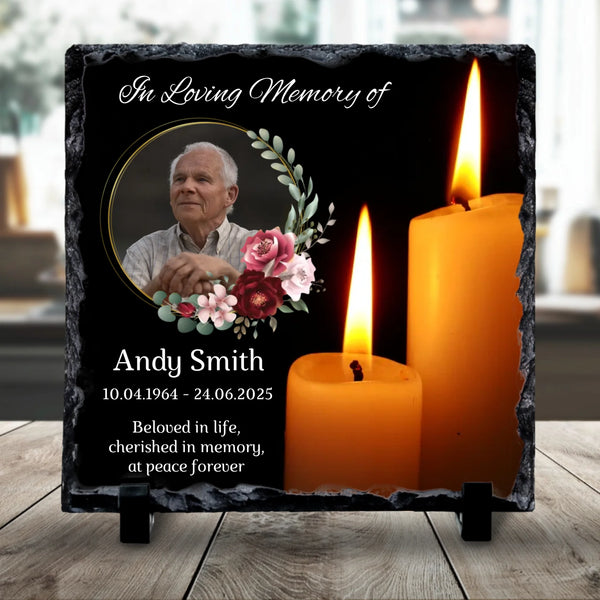 Personalised memorial photo slate plaque printed with a custom photo, name and date