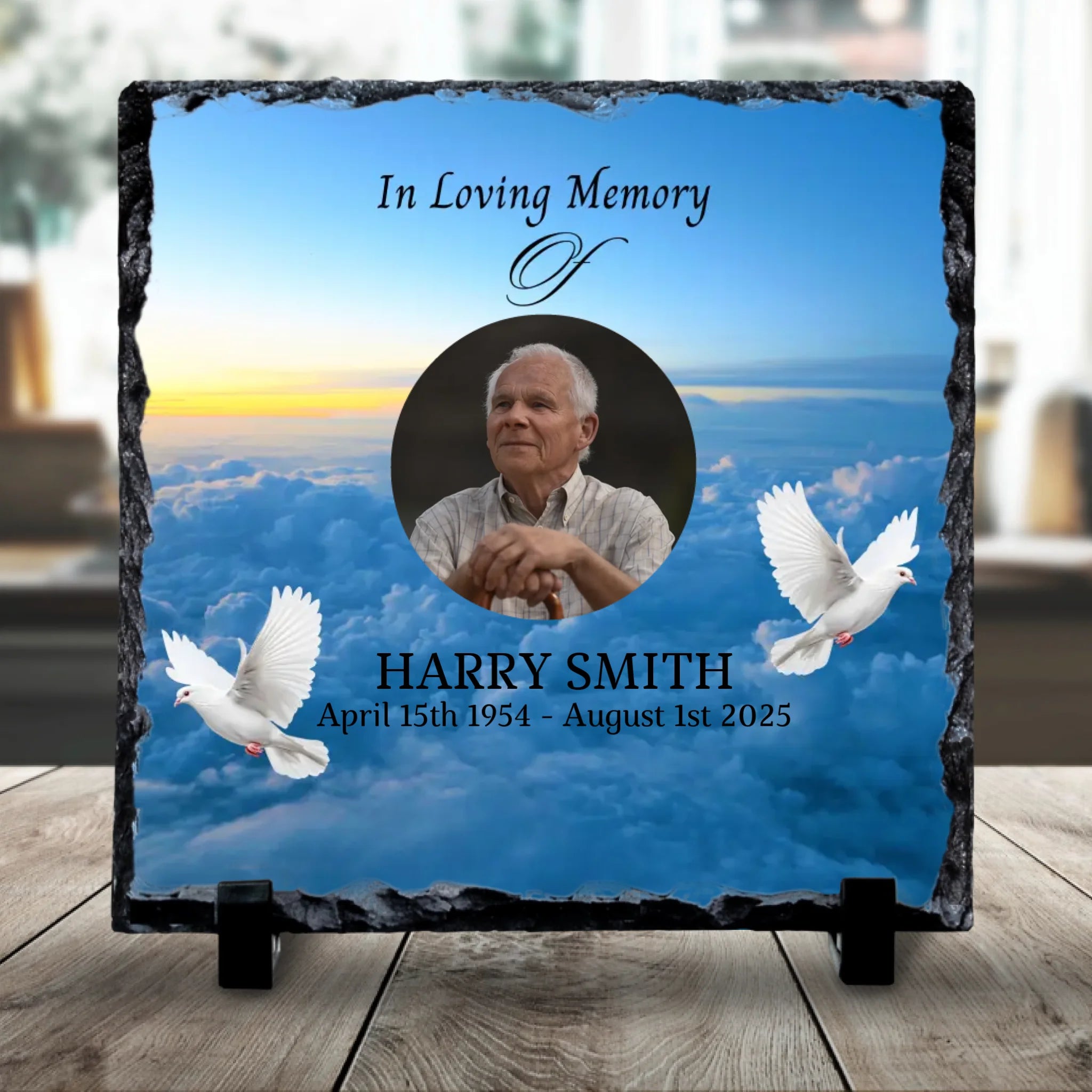 Custom Personalised Memorial Photo Slate Plaque  - Clouds & Doves