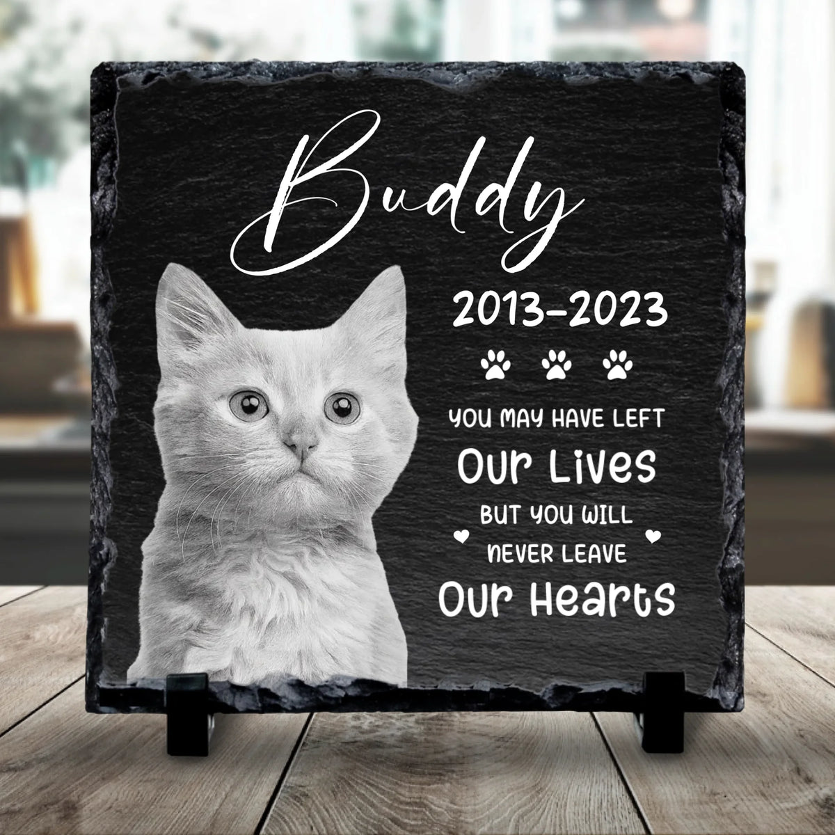Custom Personalised  Pet Memorial Photo Slate Plaque  - Never Leave Our Hearts