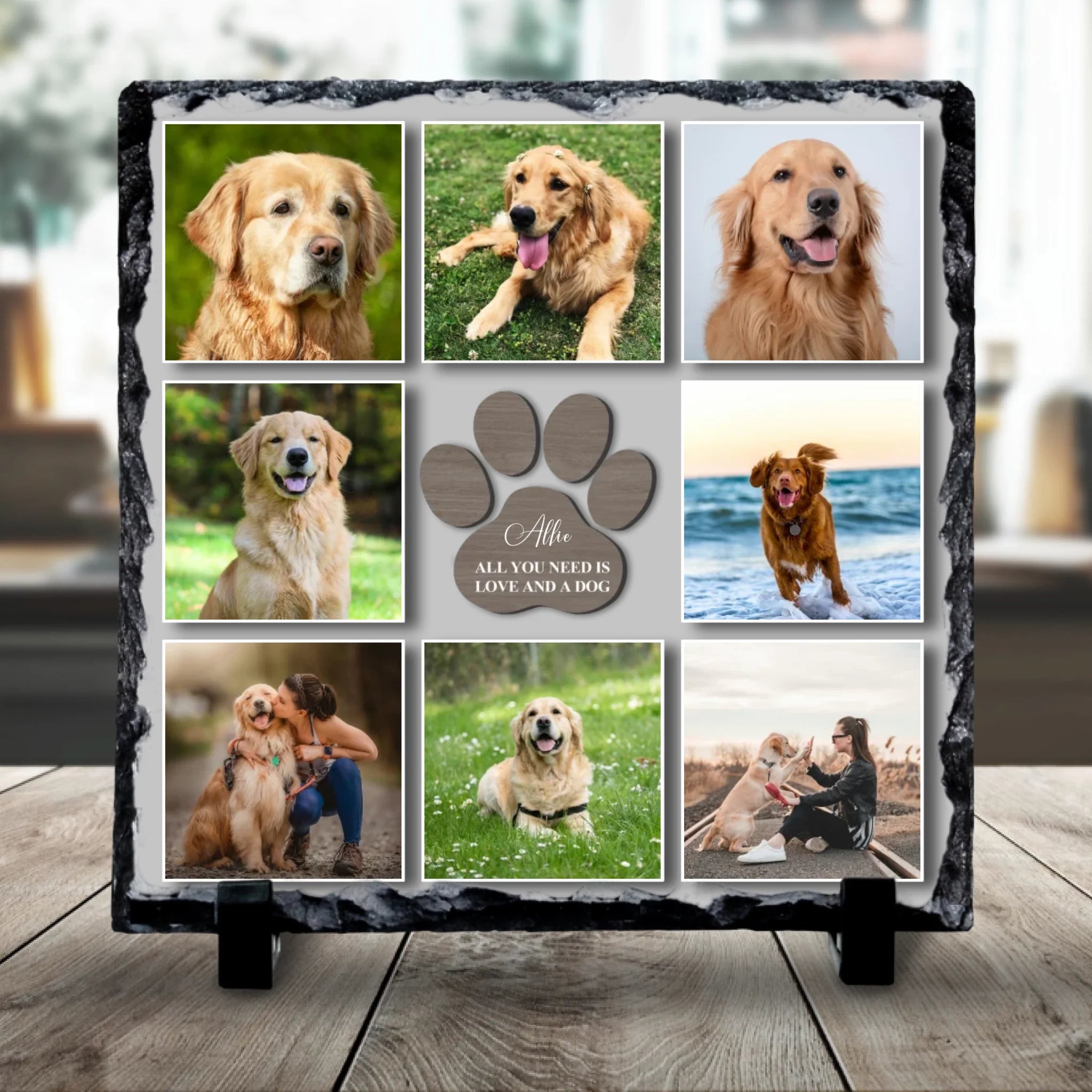 Personalised pet photo collage slate with paw print design and All You Need is Love and a Dog quote