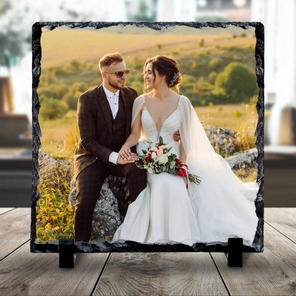 Personalised photo slate displaying a wedding photo, printed on square slate tile